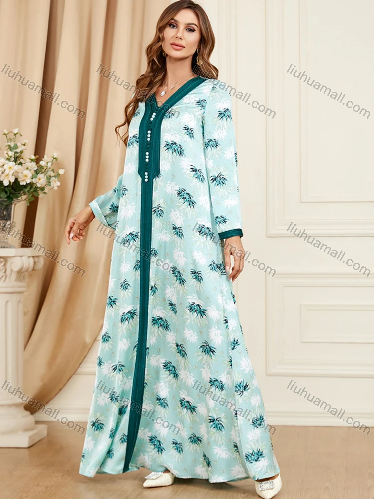 Wholesale Women's Arabic Muslim Islamic V Neck Splicing Dubai Embroidery Abaya Maxi Dress 3400# - Liuhuamall