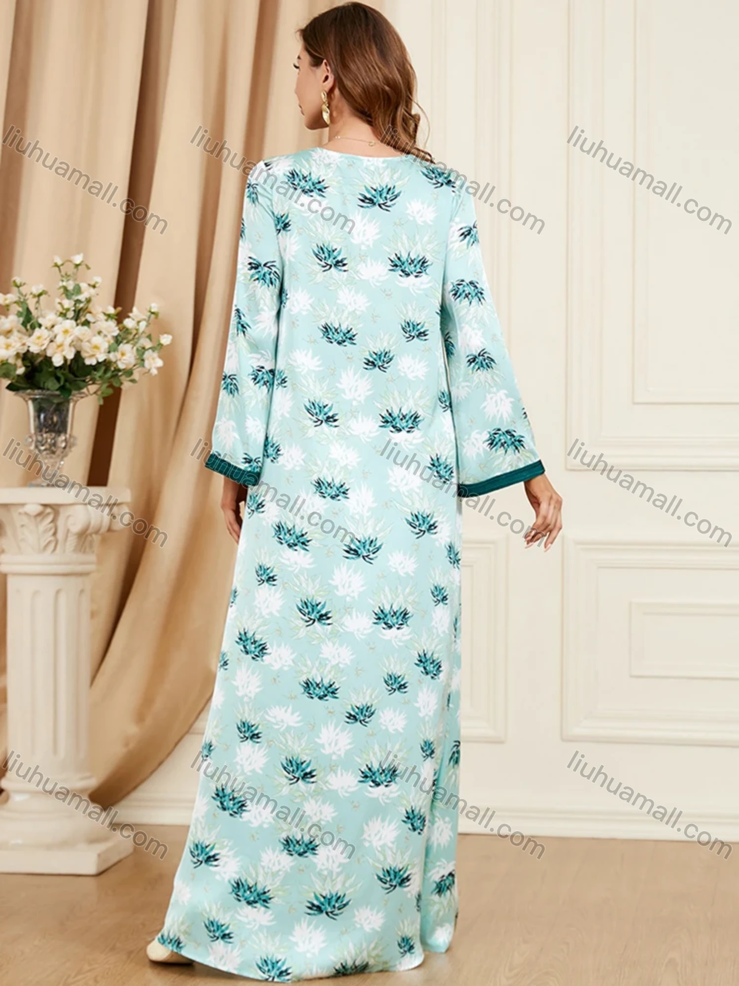 Wholesale Women's Arabic Muslim Islamic V Neck Splicing Dubai Embroidery Abaya Maxi Dress 3400# - Liuhuamall