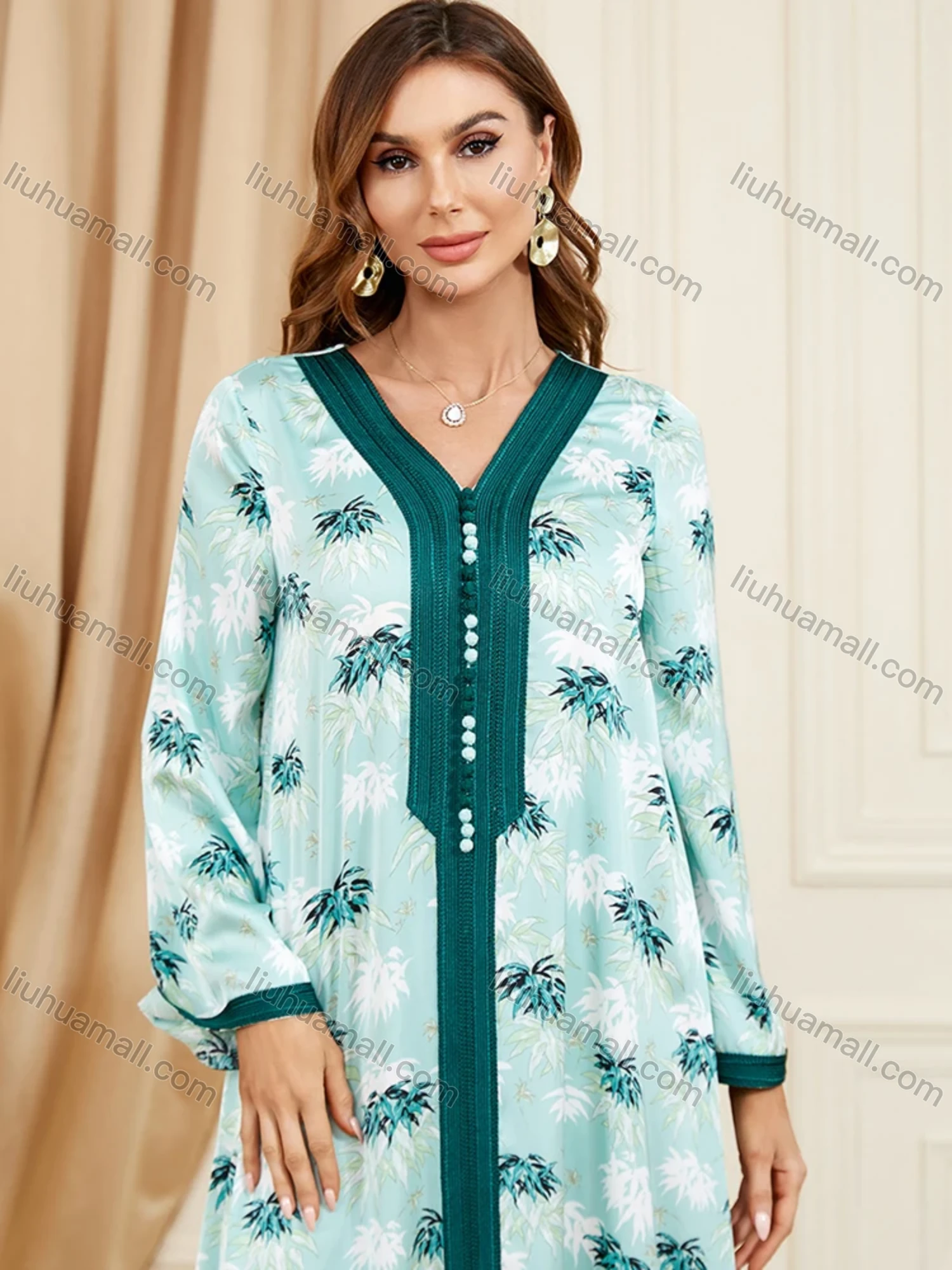 Wholesale Women's Arabic Muslim Islamic V Neck Splicing Dubai Embroidery Abaya Maxi Dress 3400# - Liuhuamall