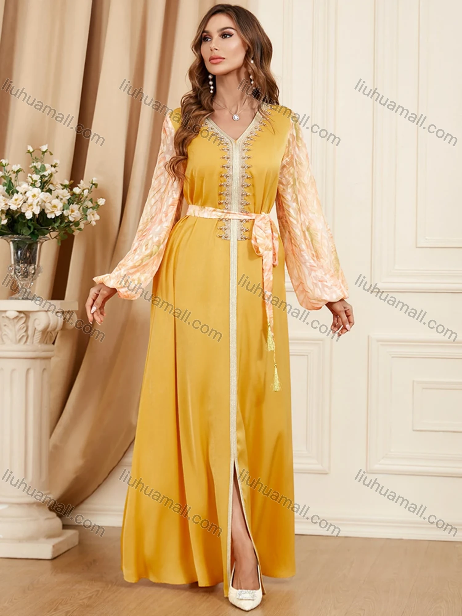 Wholesale Women's Arabic Muslim Islamic V Neck Splicing Embroidery Dubai Abaya Maxi Dress 3402# - Liuhuamall