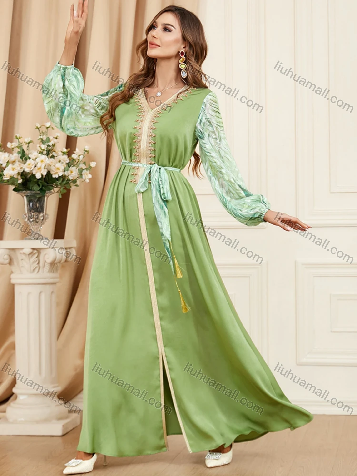 Wholesale Women's Arabic Muslim Islamic V Neck Splicing Embroidery Dubai Abaya Maxi Dress 3402# - Liuhuamall