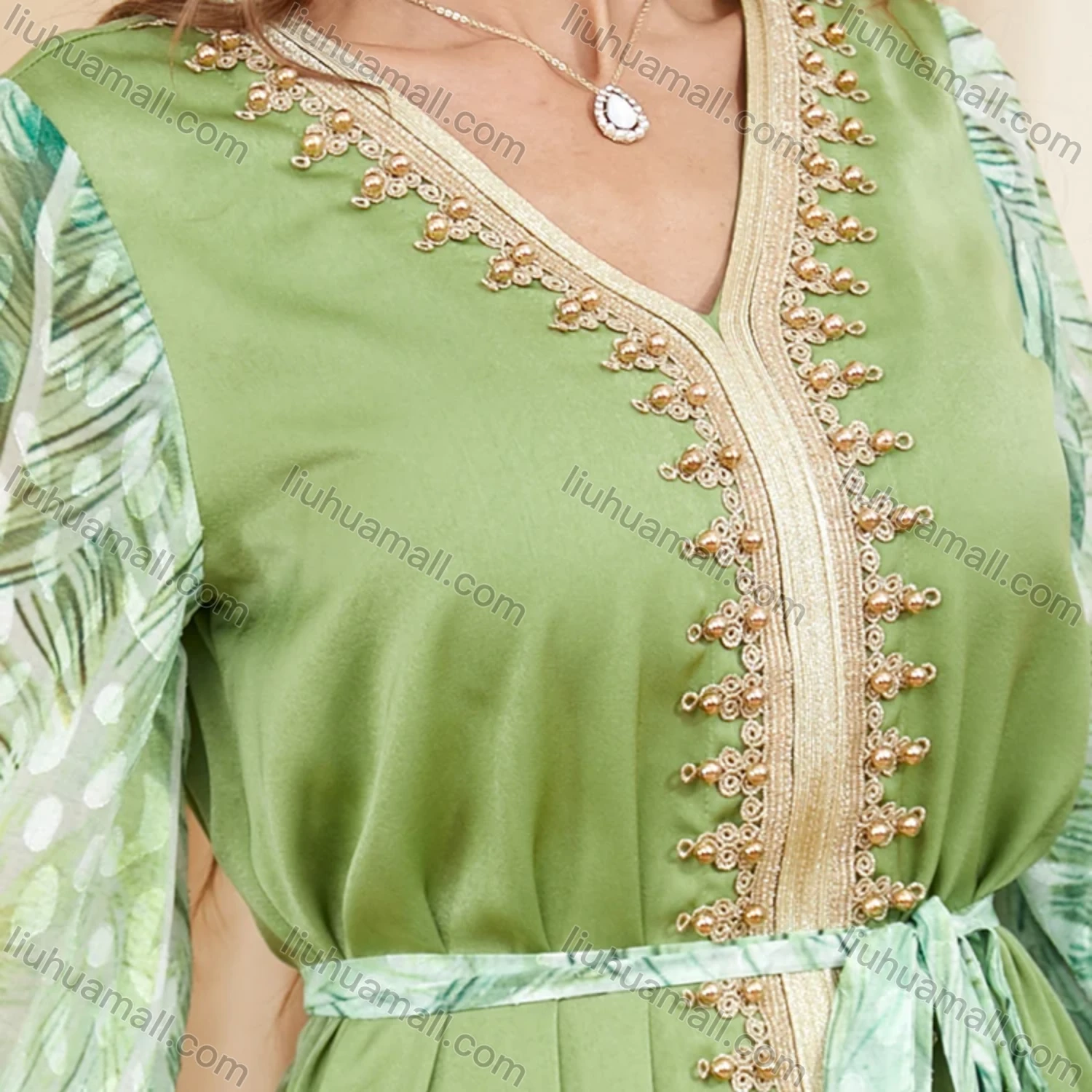 Wholesale Women's Arabic Muslim Islamic V Neck Splicing Embroidery Dubai Abaya Maxi Dress 3402# - Liuhuamall