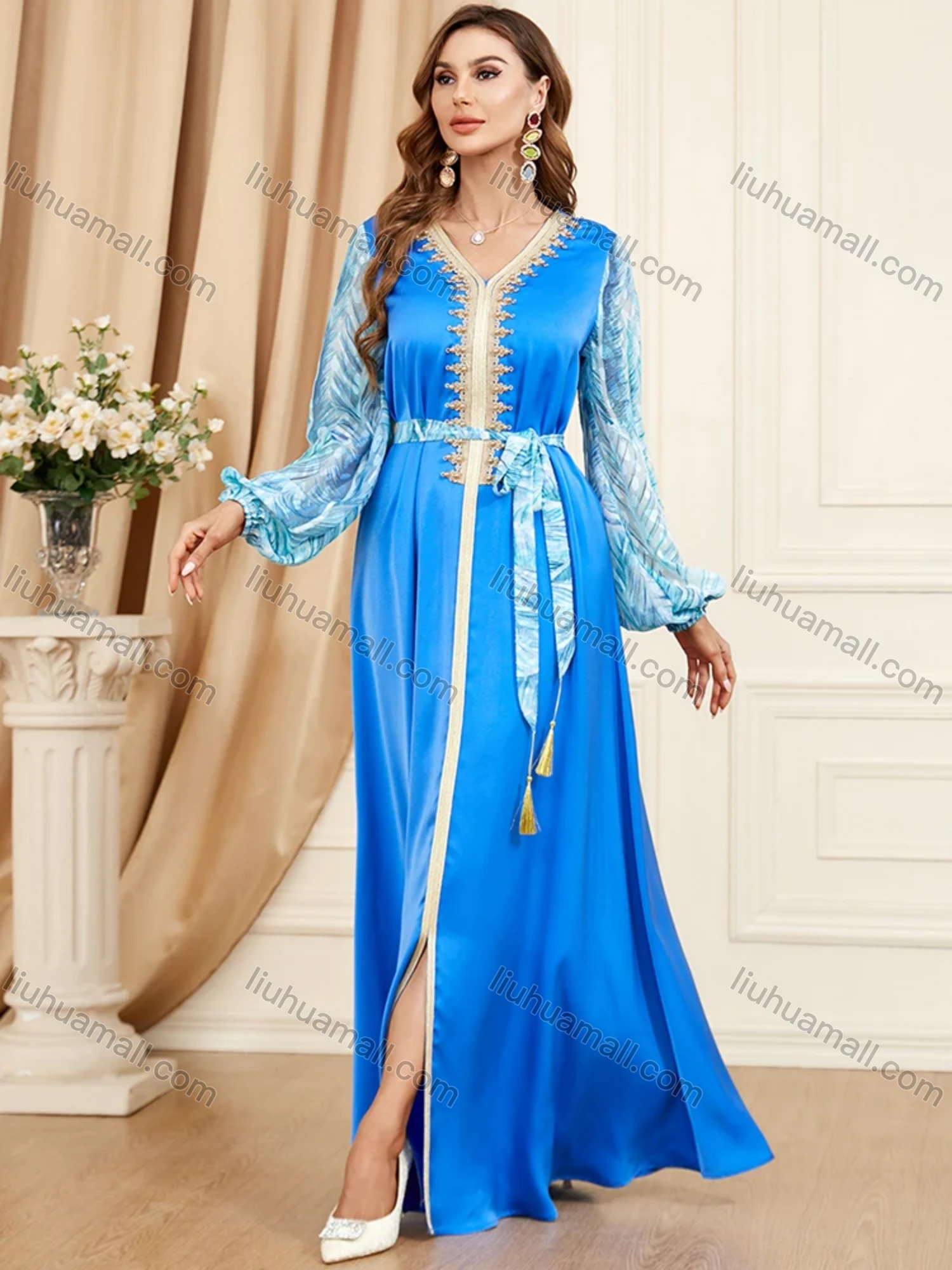 Wholesale Women's Arabic Muslim Islamic V Neck Splicing Embroidery Dubai Abaya Maxi Dress 3402# - Liuhuamall