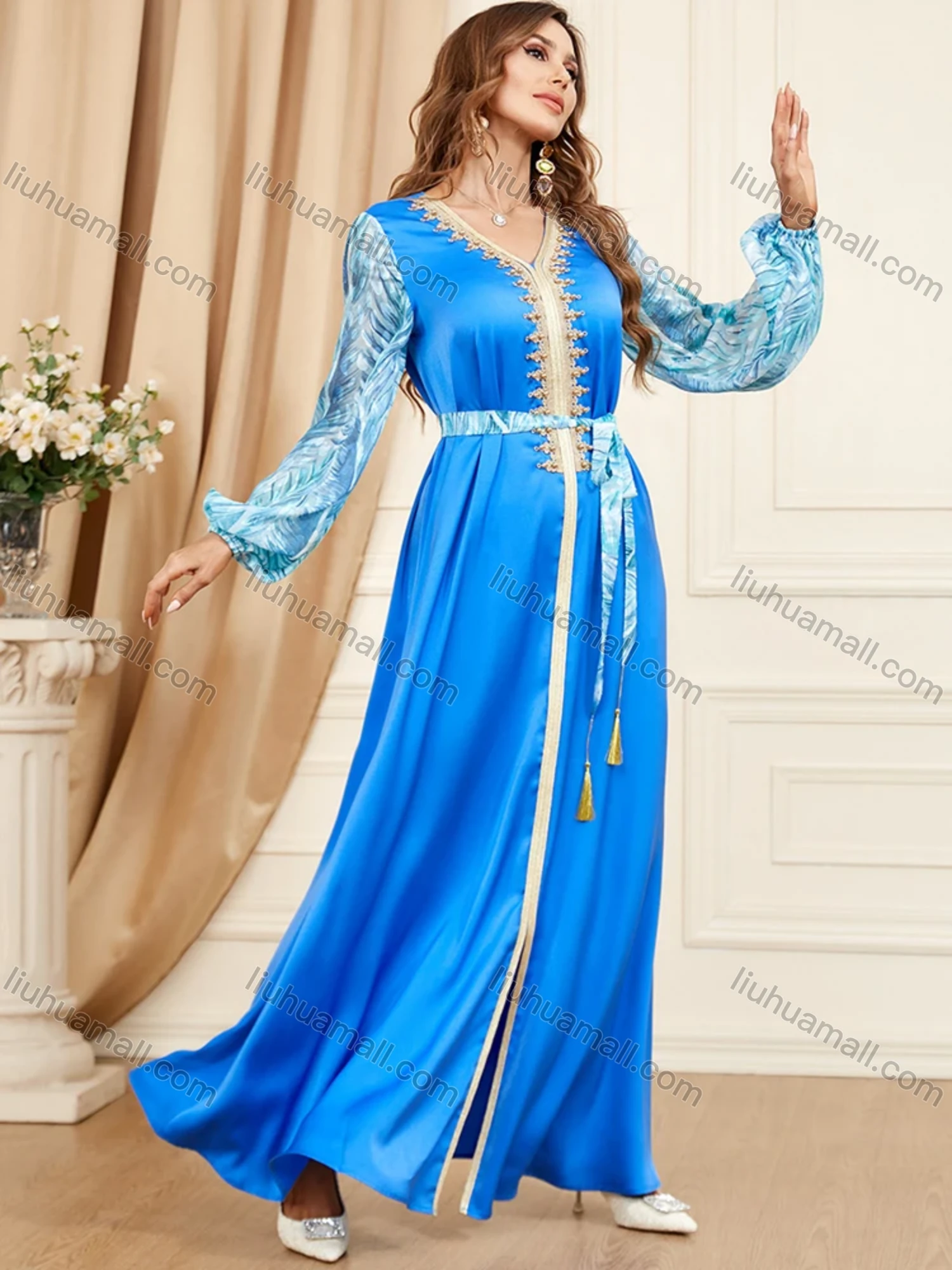 Wholesale Women's Arabic Muslim Islamic V Neck Splicing Embroidery Dubai Abaya Maxi Dress 3402# - Liuhuamall