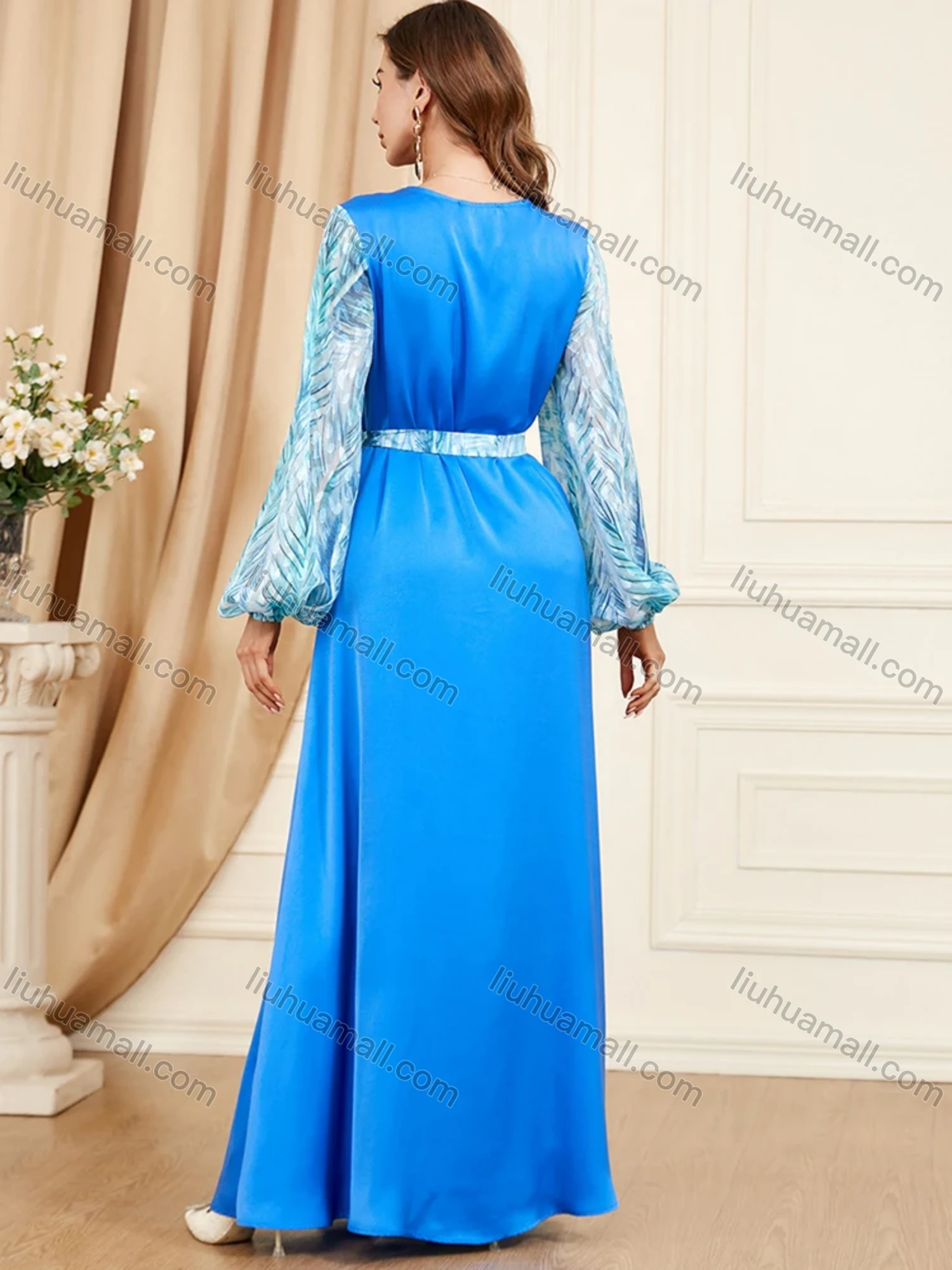 Wholesale Women's Arabic Muslim Islamic V Neck Splicing Embroidery Dubai Abaya Maxi Dress 3402# - Liuhuamall