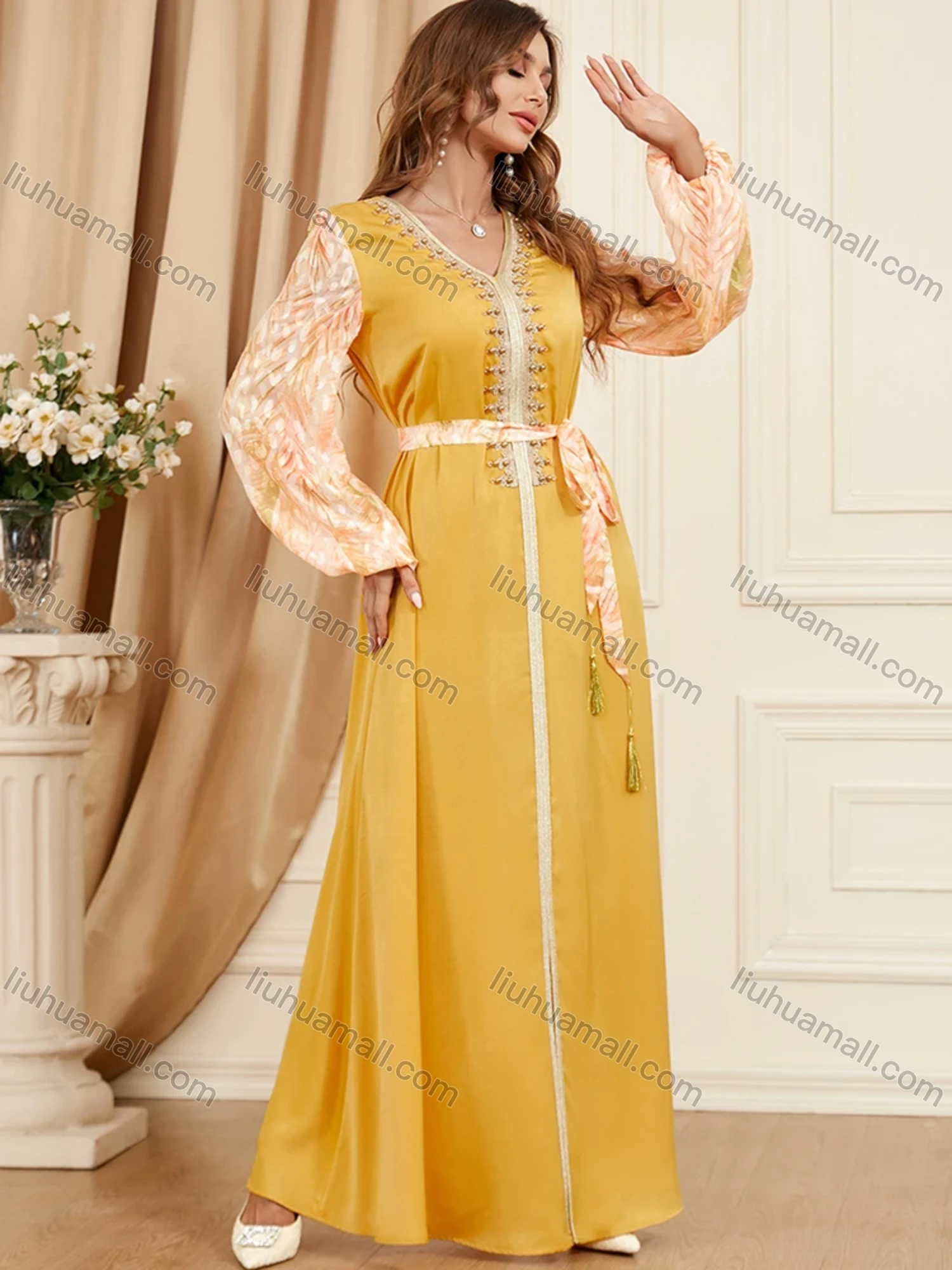 Wholesale Women's Arabic Muslim Islamic V Neck Splicing Embroidery Dubai Abaya Maxi Dress 3402# - Liuhuamall