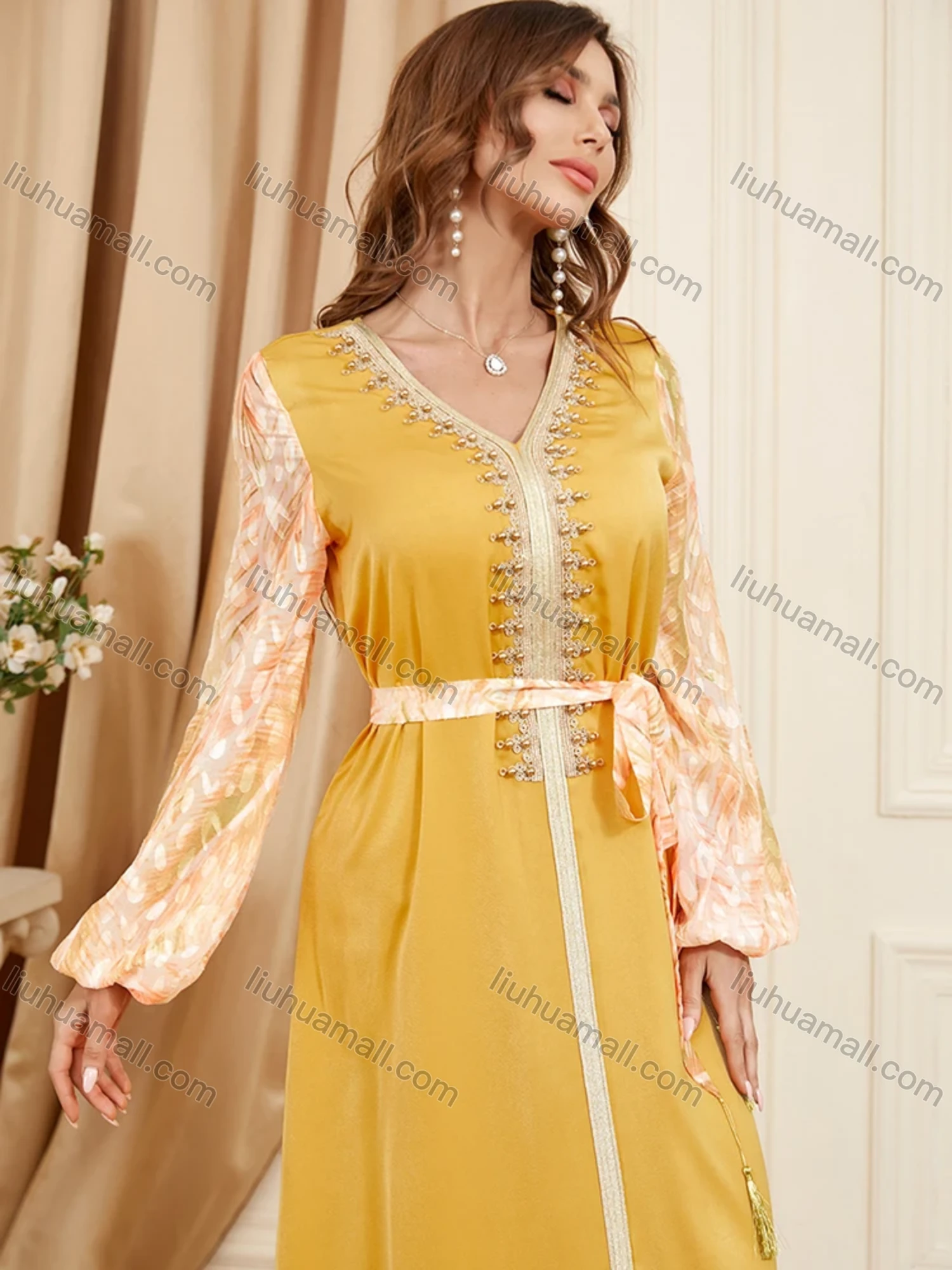 Wholesale Women's Arabic Muslim Islamic V Neck Splicing Embroidery Dubai Abaya Maxi Dress 3402# - Liuhuamall