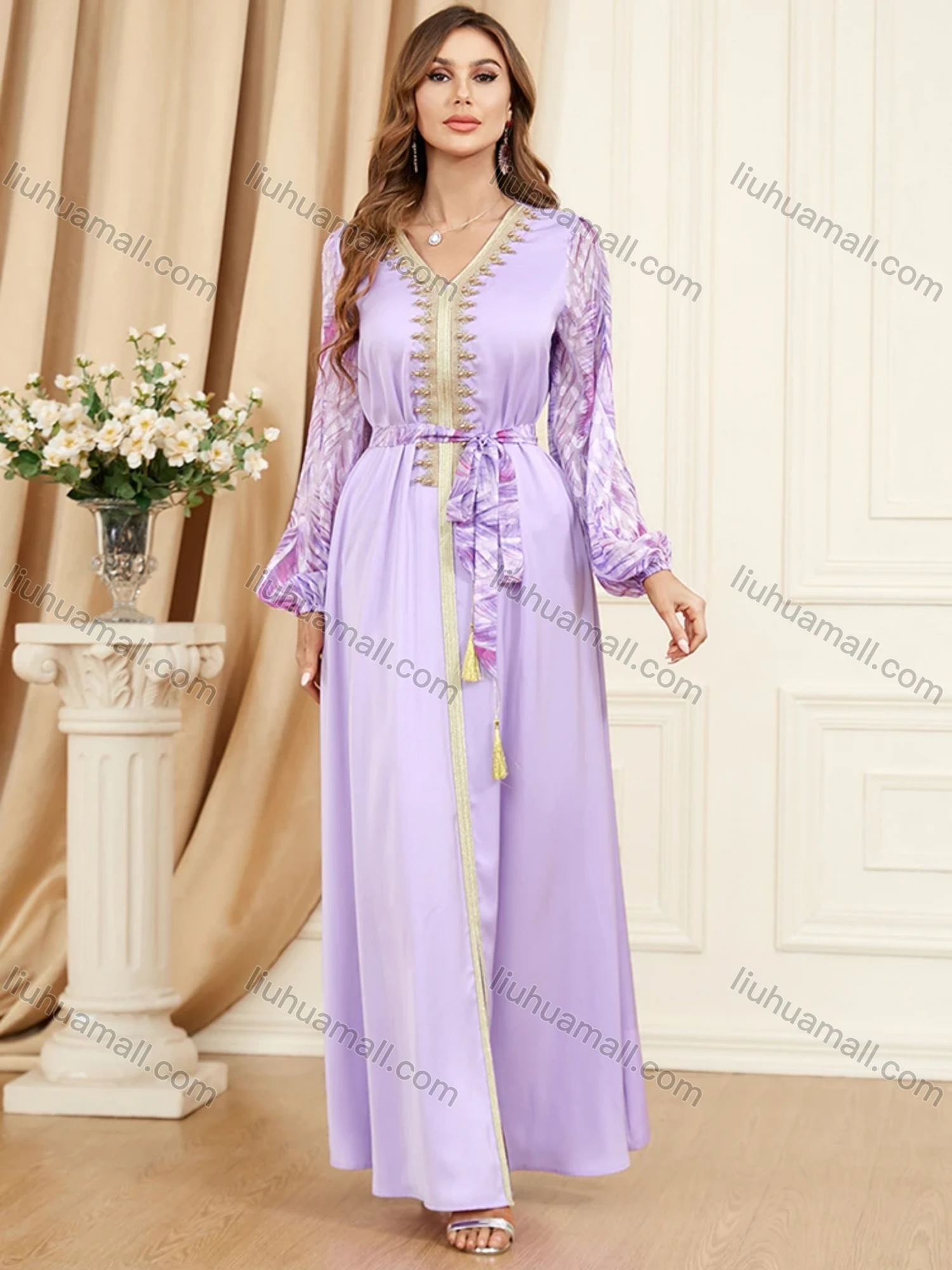 Wholesale Women's Arabic Muslim Islamic V Neck Splicing Embroidery Dubai Abaya Maxi Dress 3402# - Liuhuamall