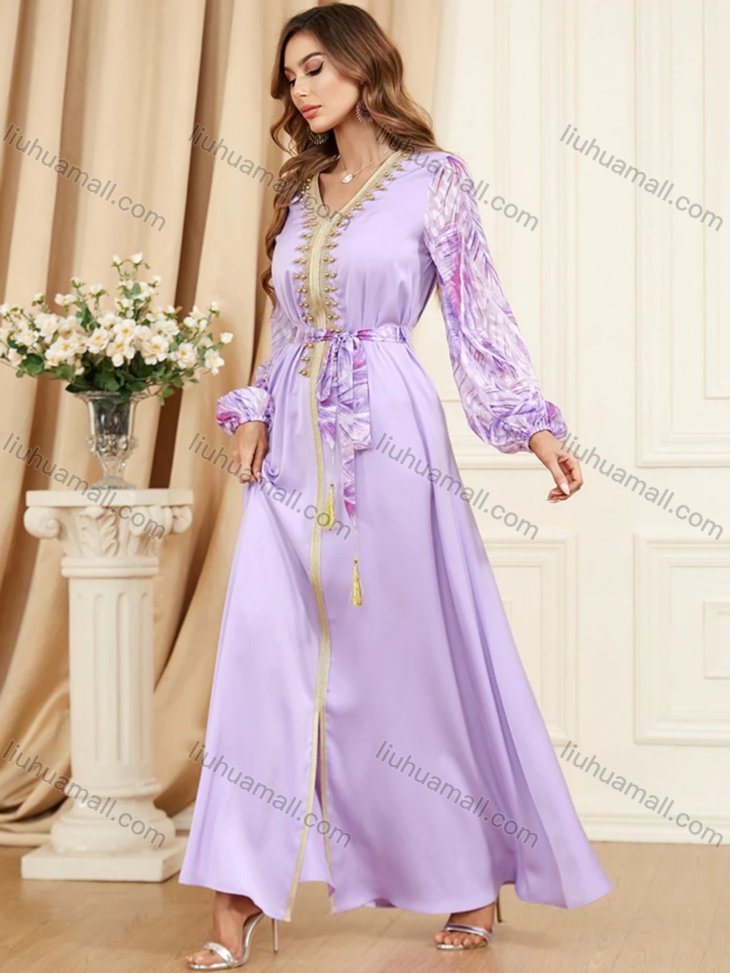 Wholesale Women's Arabic Muslim Islamic V Neck Splicing Embroidery Dubai Abaya Maxi Dress 3402# - Liuhuamall