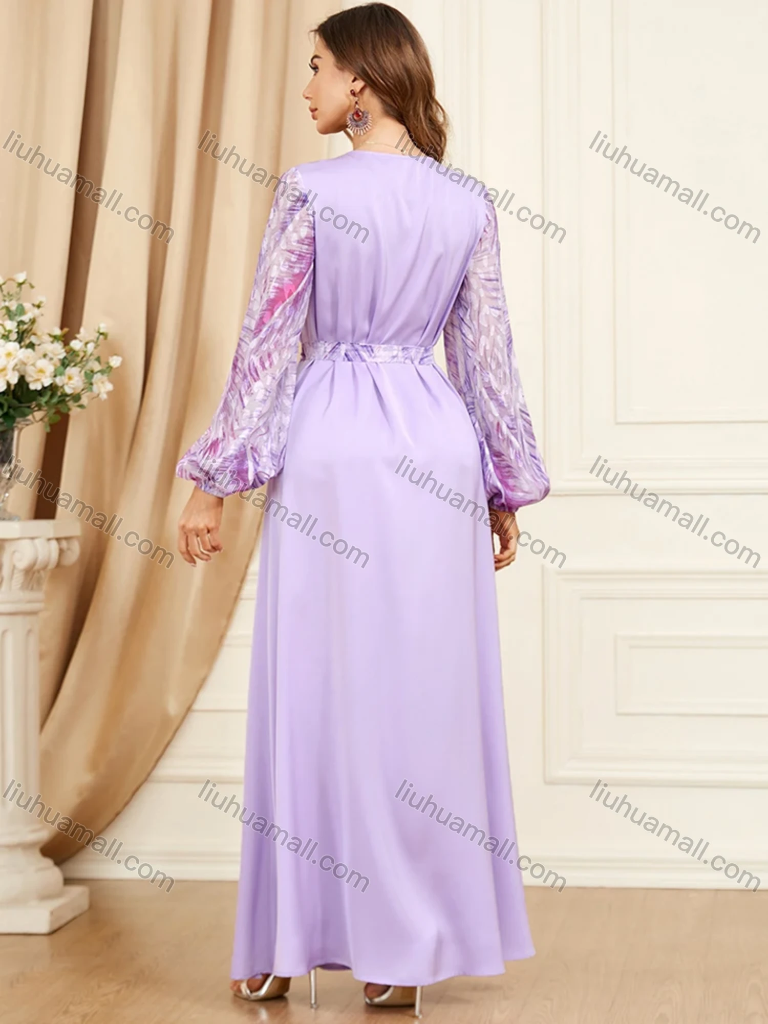 Wholesale Women's Arabic Muslim Islamic V Neck Splicing Embroidery Dubai Abaya Maxi Dress 3402# - Liuhuamall