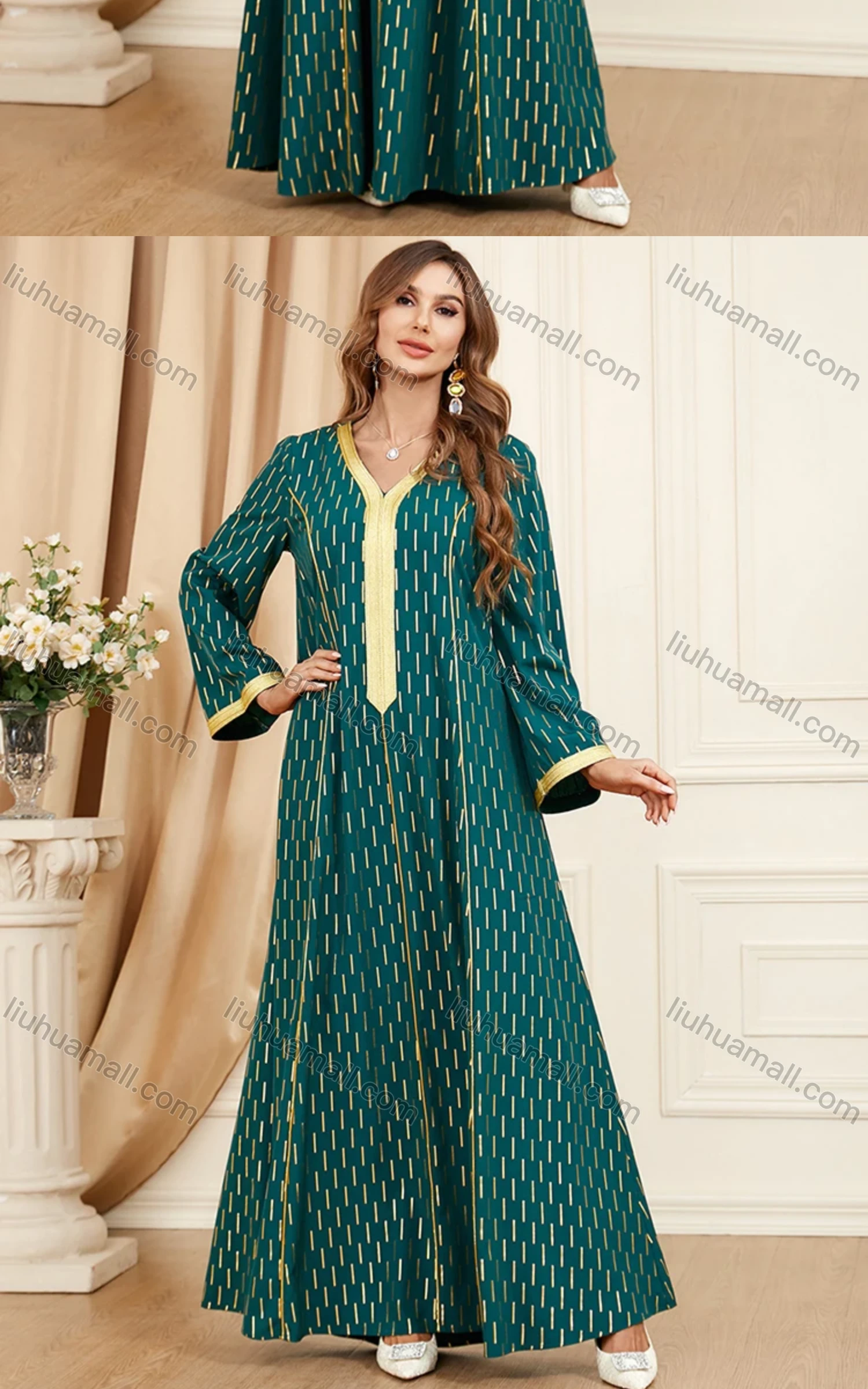Wholesale Women's Arabic Dubai Muslim Islamic V Neck Splicing Embroidery Abaya Maxi Dress 3404# - Liuhuamall