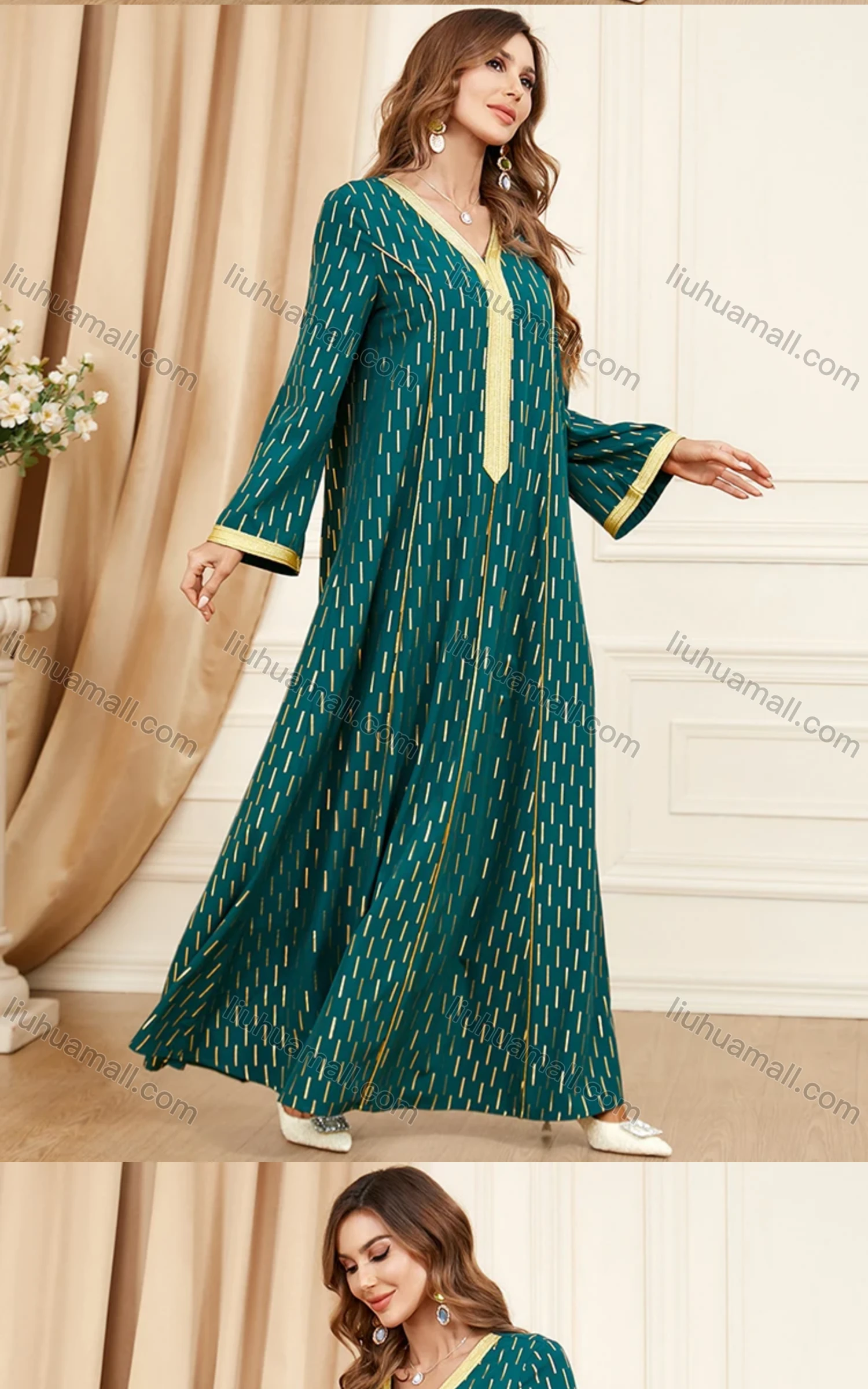 Wholesale Women's Arabic Dubai Muslim Islamic V Neck Splicing Embroidery Abaya Maxi Dress 3404# - Liuhuamall
