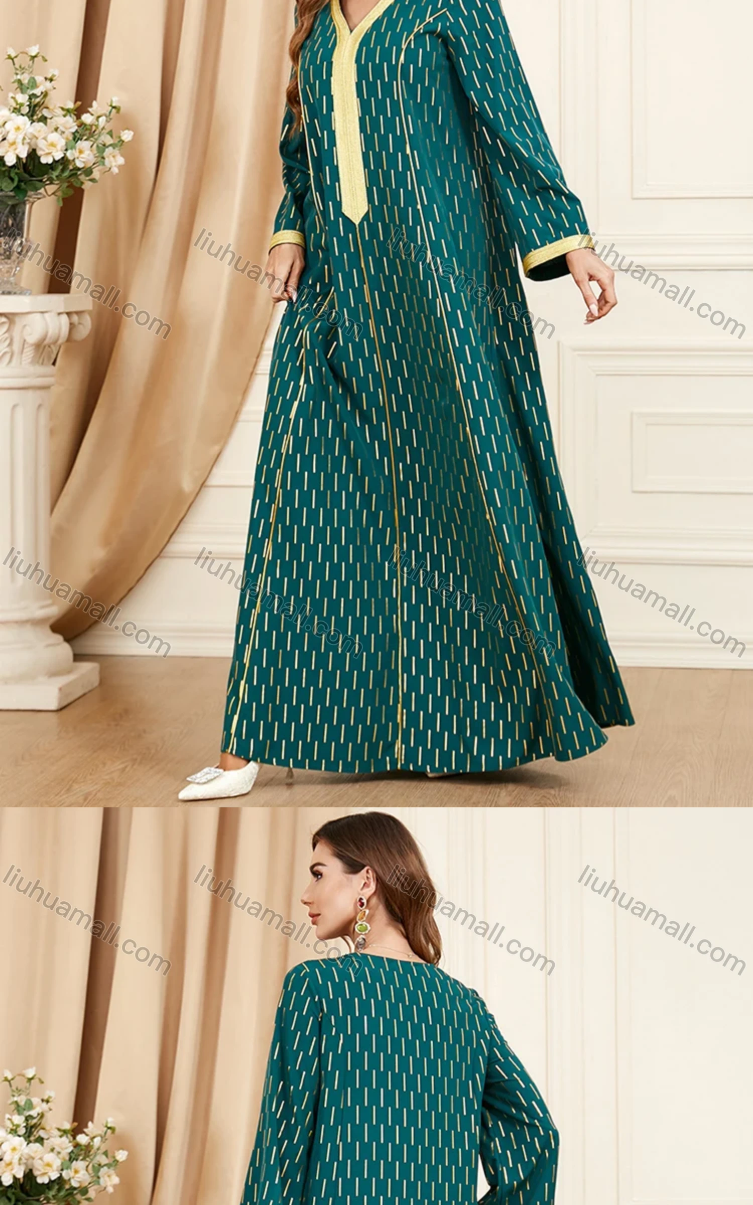 Wholesale Women's Arabic Dubai Muslim Islamic V Neck Splicing Embroidery Abaya Maxi Dress 3404# - Liuhuamall