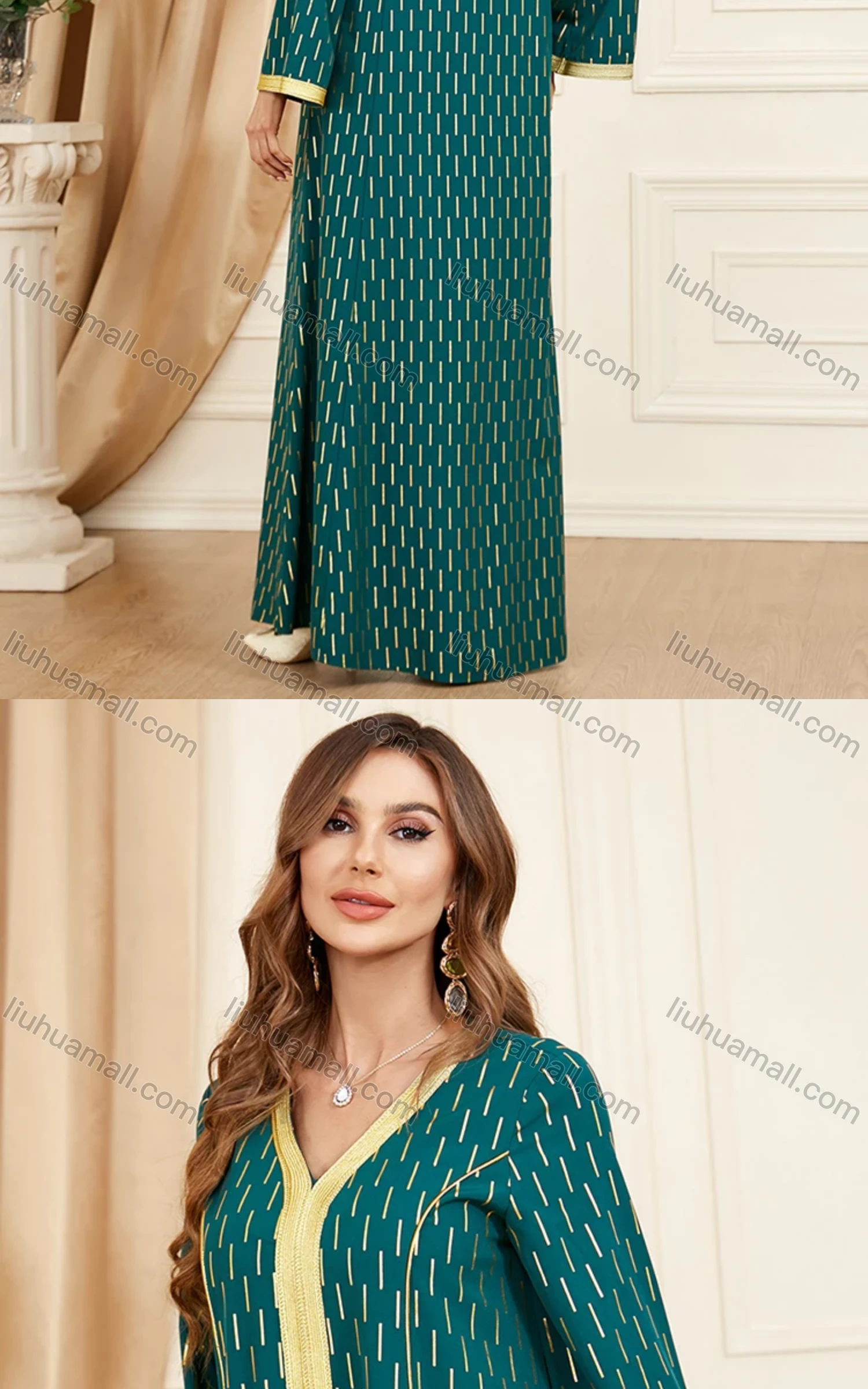 Wholesale Women's Arabic Dubai Muslim Islamic V Neck Splicing Embroidery Abaya Maxi Dress 3404# - Liuhuamall