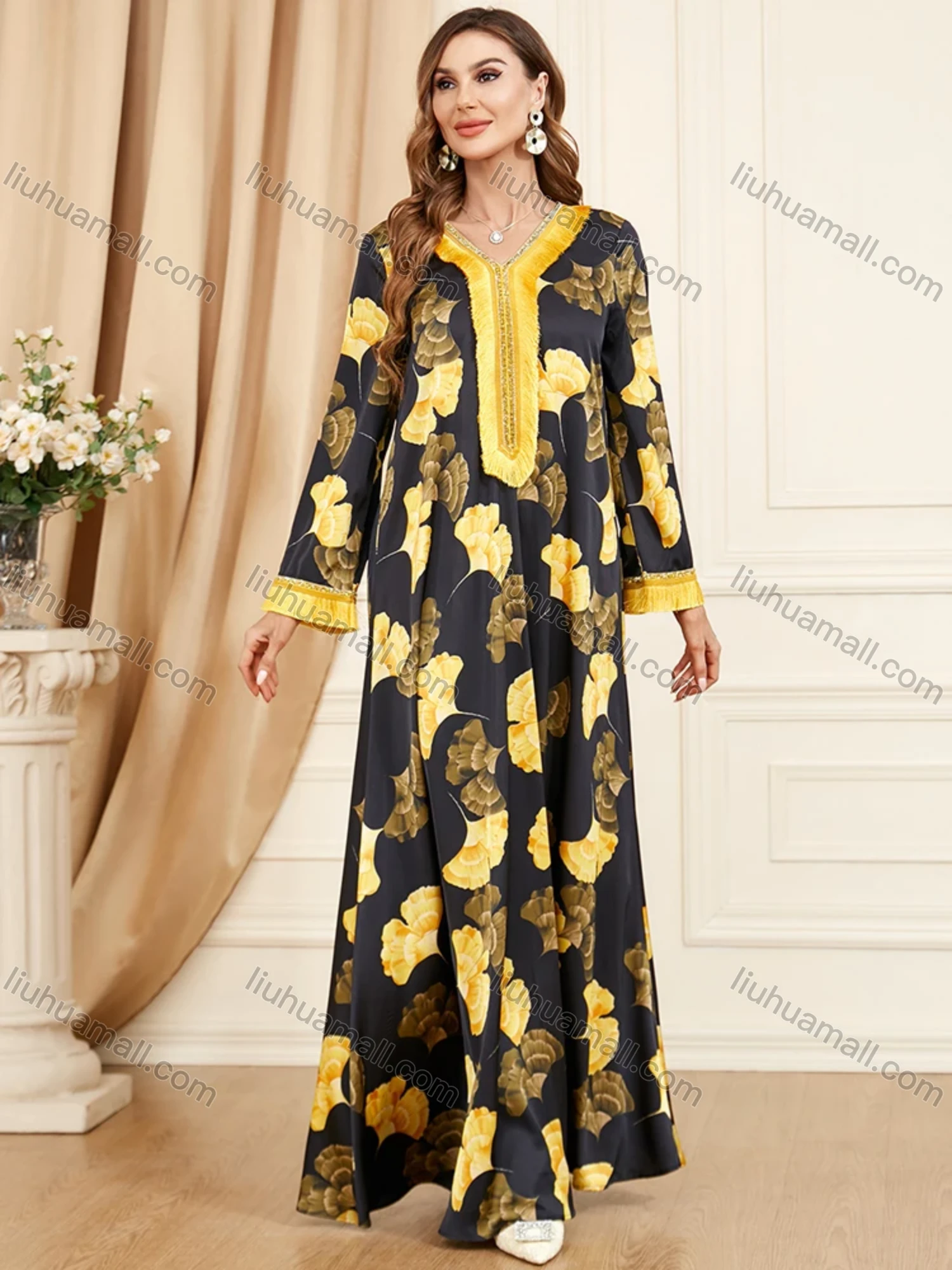 Wholesale Women's Arabic Dubai Muslim Islamic V Neck Splicing Embroidery Abaya Maxi Dress 3408# - Liuhuamall