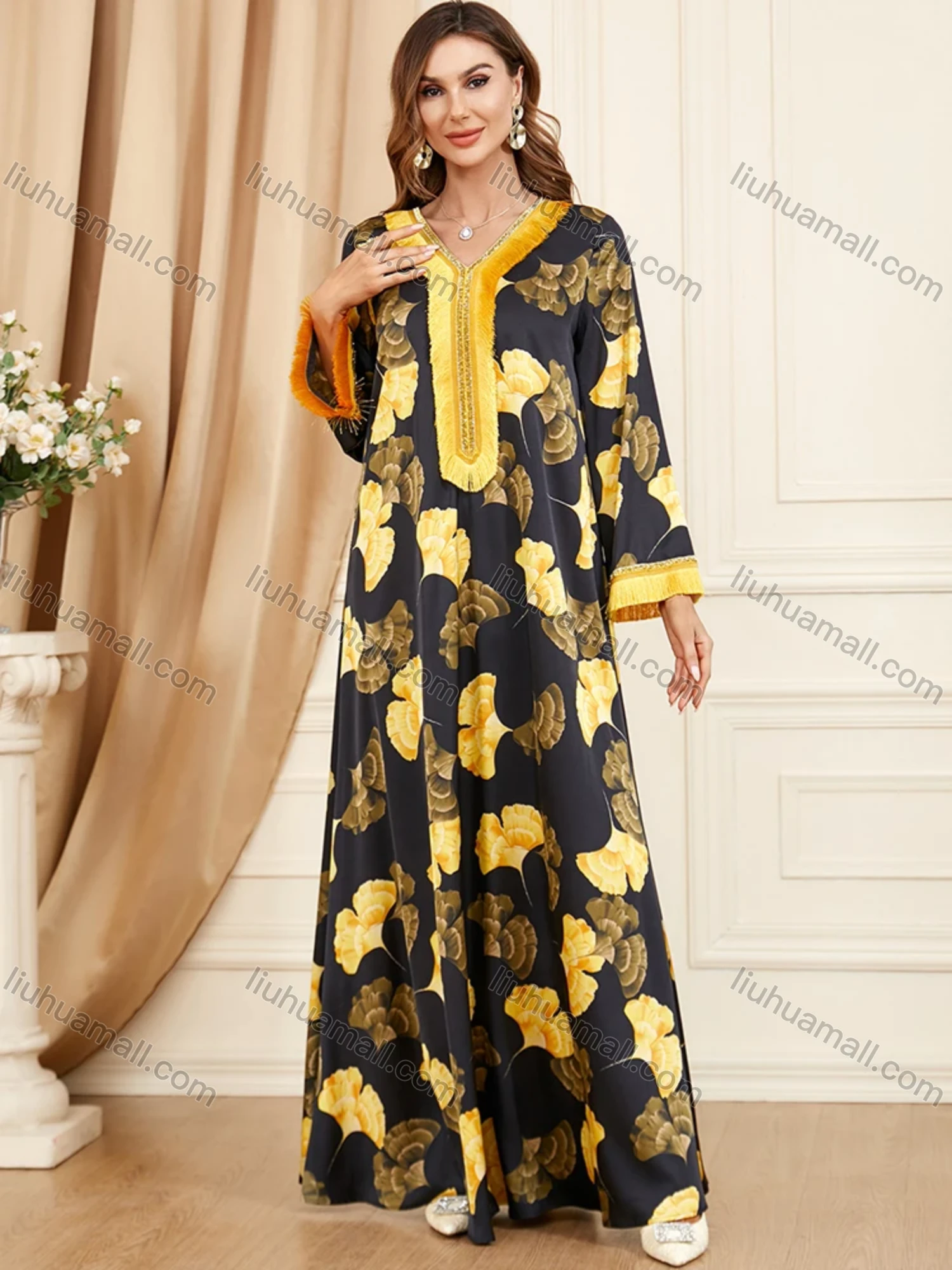 Wholesale Women's Arabic Dubai Muslim Islamic V Neck Splicing Embroidery Abaya Maxi Dress 3408# - Liuhuamall