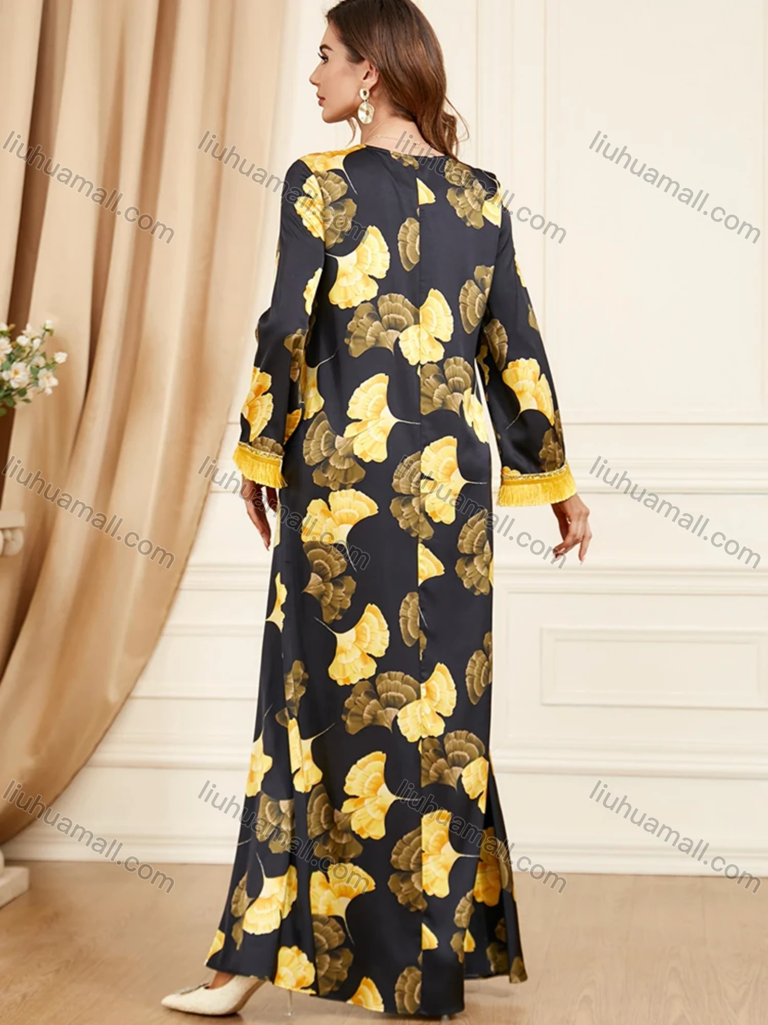 Wholesale Women's Arabic Dubai Muslim Islamic V Neck Splicing Embroidery Abaya Maxi Dress 3408# - Liuhuamall