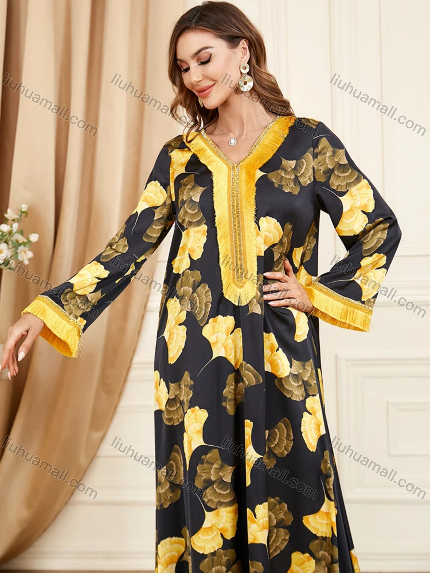 Wholesale Women's Arabic Dubai Muslim Islamic V Neck Splicing Embroidery Abaya Maxi Dress 3408# - Liuhuamall