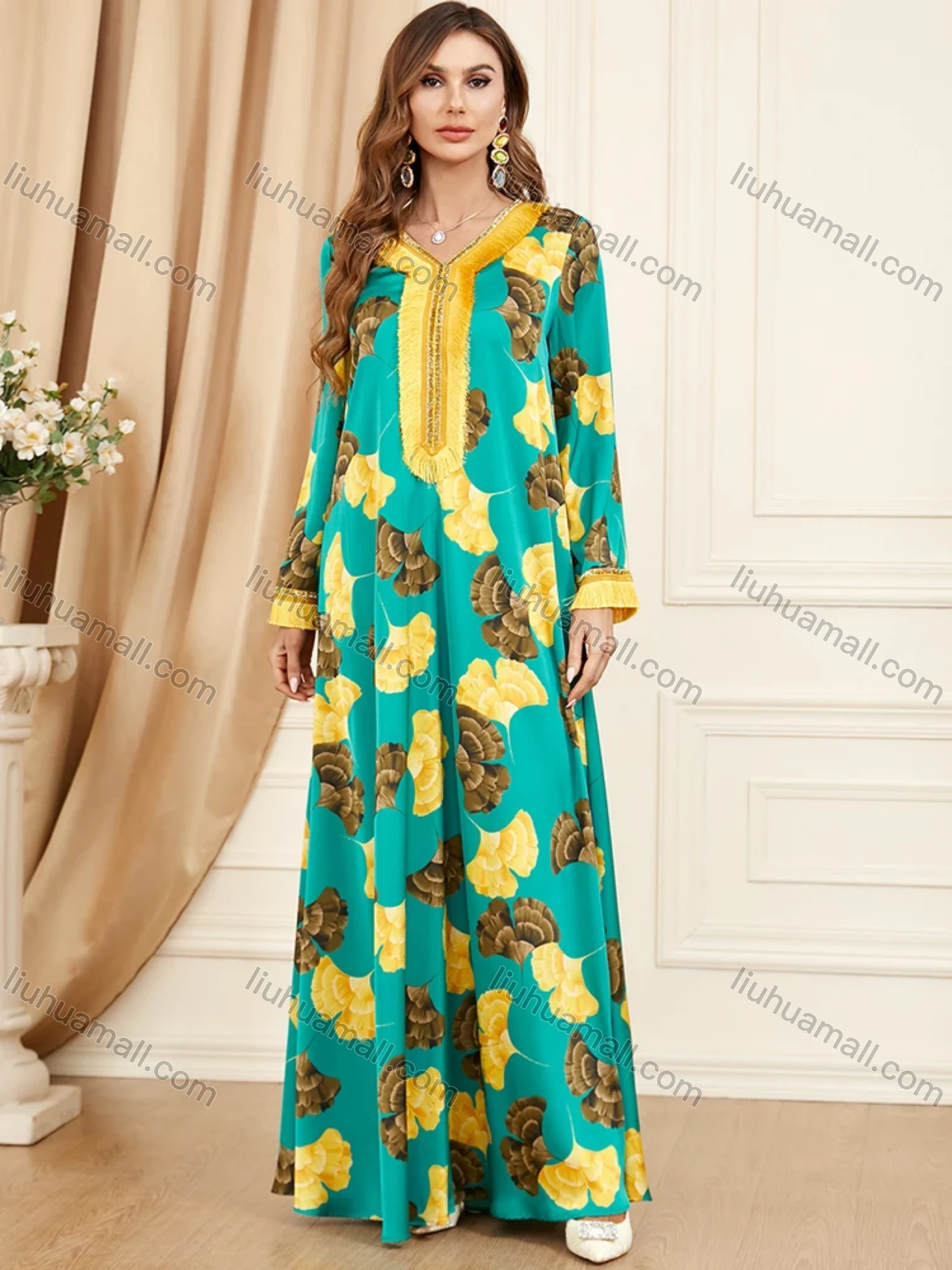 Wholesale Women's Arabic Dubai Muslim Islamic V Neck Splicing Embroidery Abaya Maxi Dress 3408# - Liuhuamall