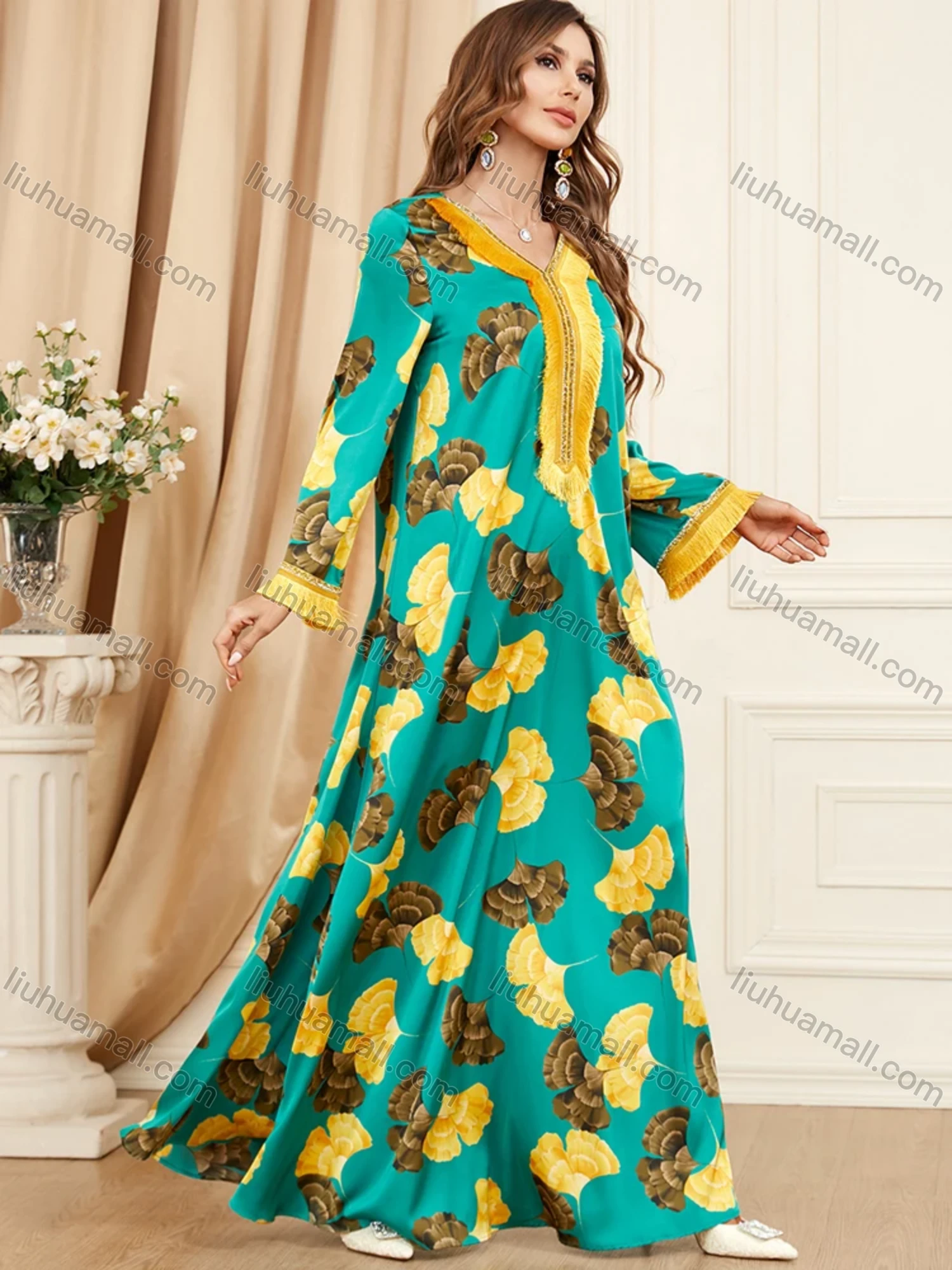 Wholesale Women's Arabic Dubai Muslim Islamic V Neck Splicing Embroidery Abaya Maxi Dress 3408# - Liuhuamall