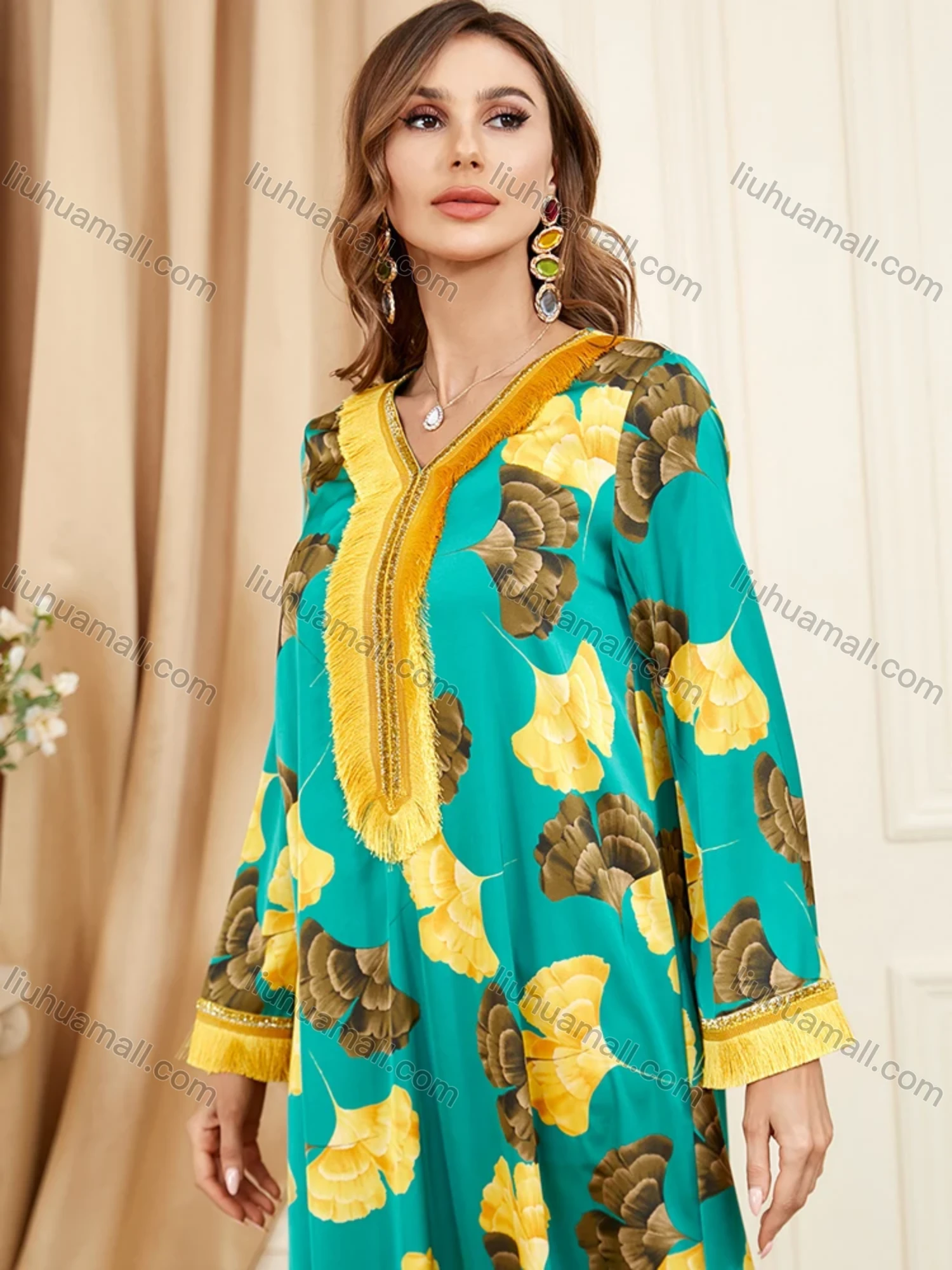 Wholesale Women's Arabic Dubai Muslim Islamic V Neck Splicing Embroidery Abaya Maxi Dress 3408# - Liuhuamall