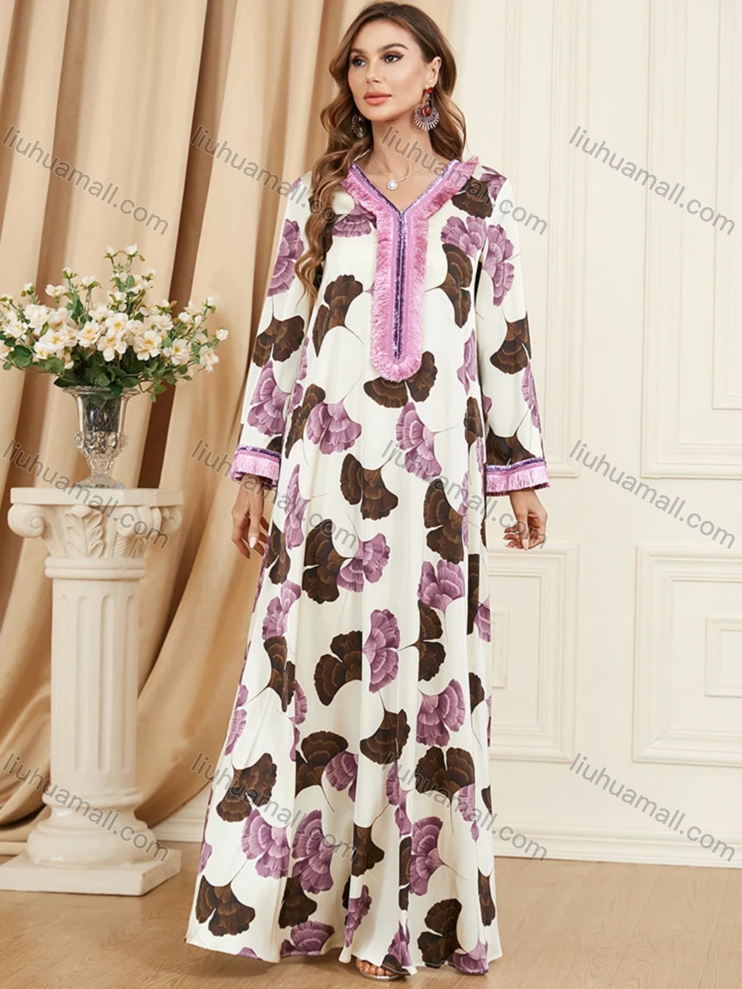 Wholesale Women's Arabic Dubai Muslim Islamic V Neck Splicing Embroidery Abaya Maxi Dress 3408# - Liuhuamall