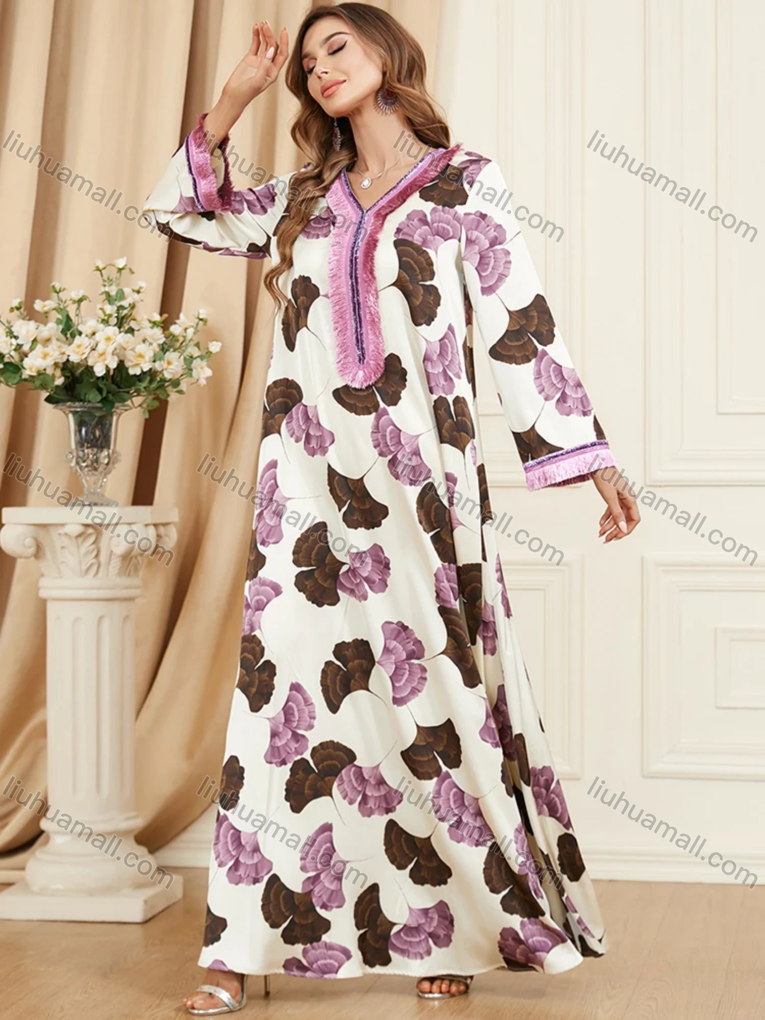 Wholesale Women's Arabic Dubai Muslim Islamic V Neck Splicing Embroidery Abaya Maxi Dress 3408# - Liuhuamall