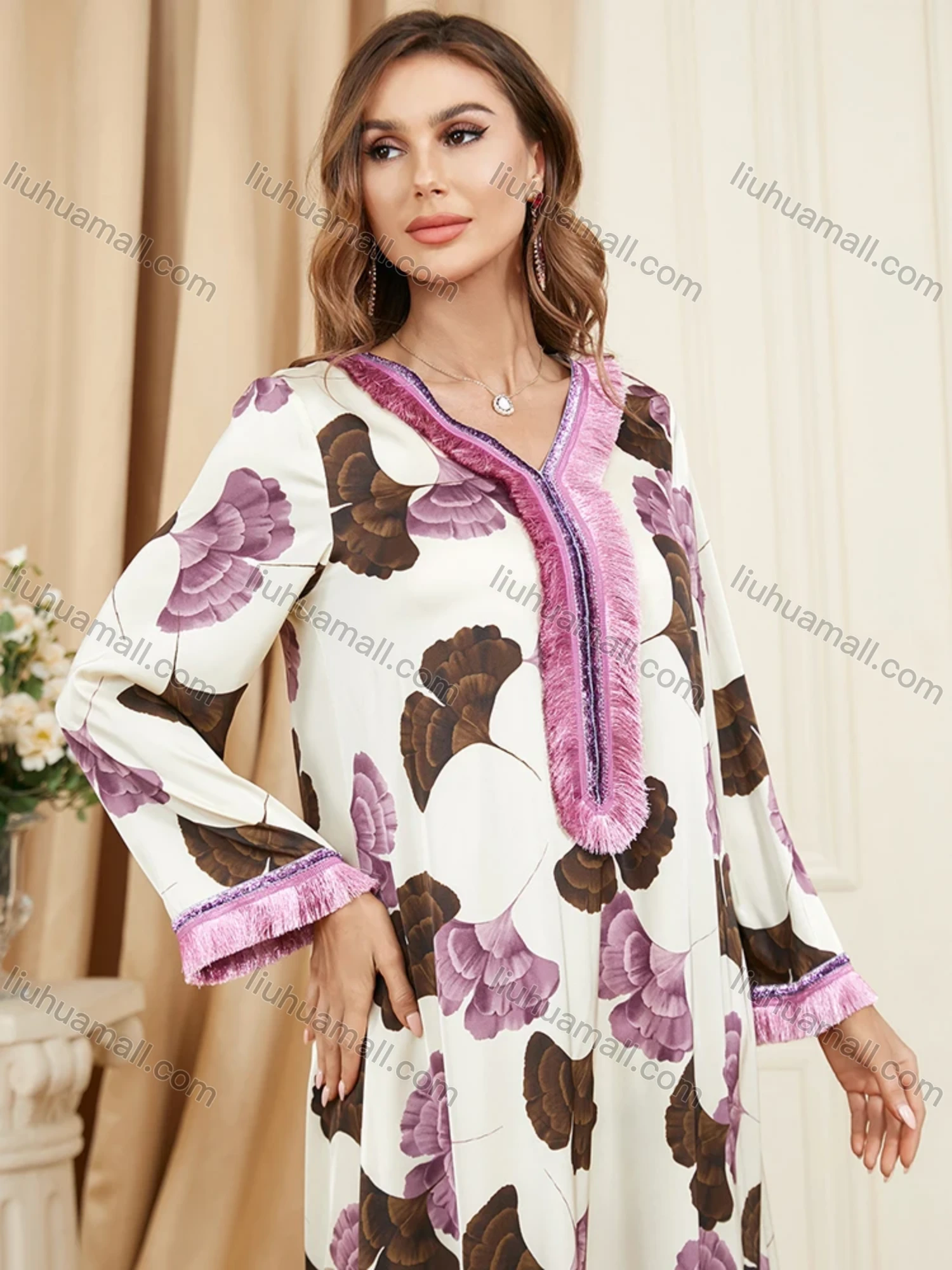 Wholesale Women's Arabic Dubai Muslim Islamic V Neck Splicing Embroidery Abaya Maxi Dress 3408# - Liuhuamall