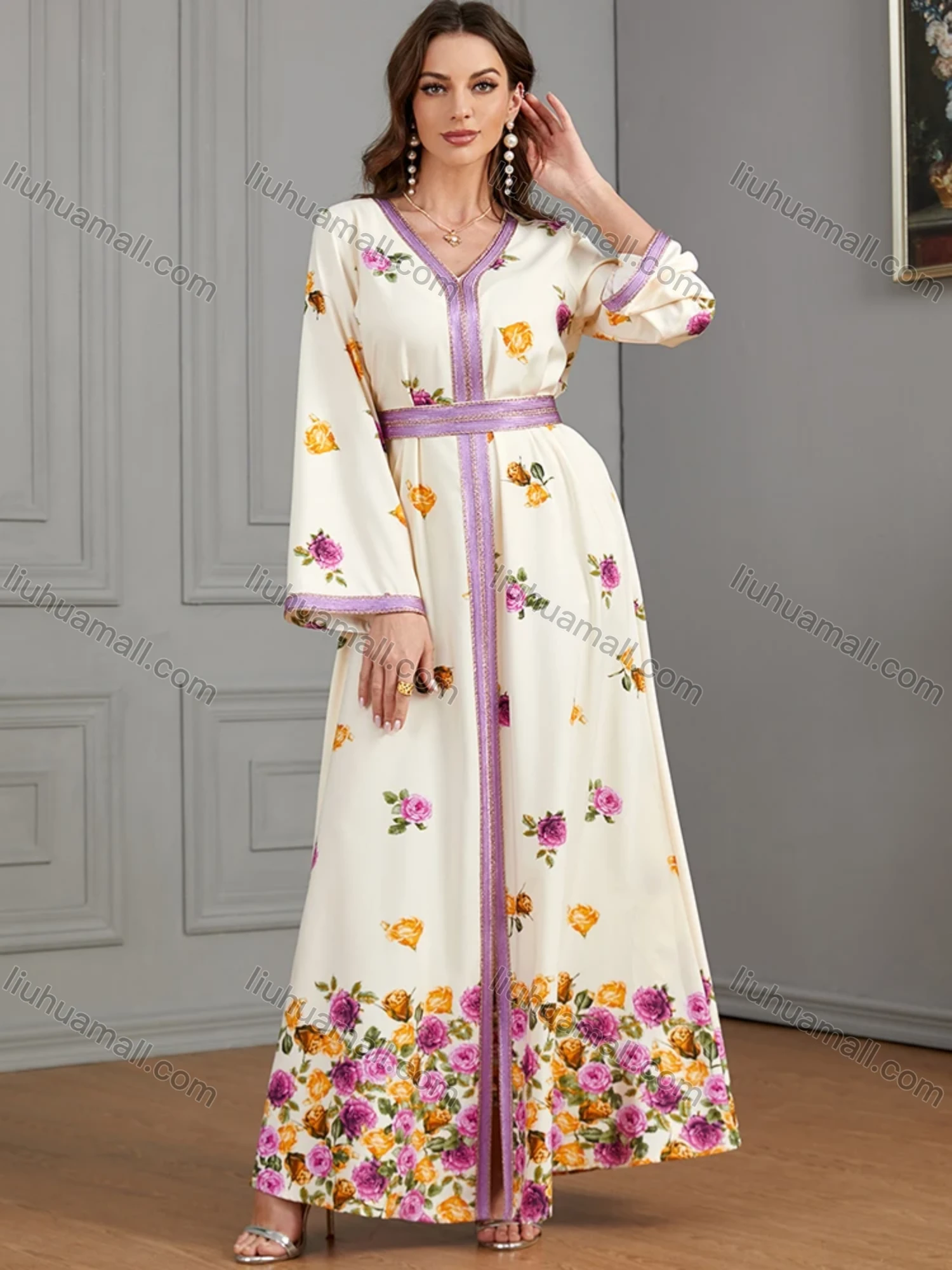 Wholesale Women's Muslim Islamic V Neck Embroidery Embroidery Abaya Maxi Dress 3444# - Liuhuamall