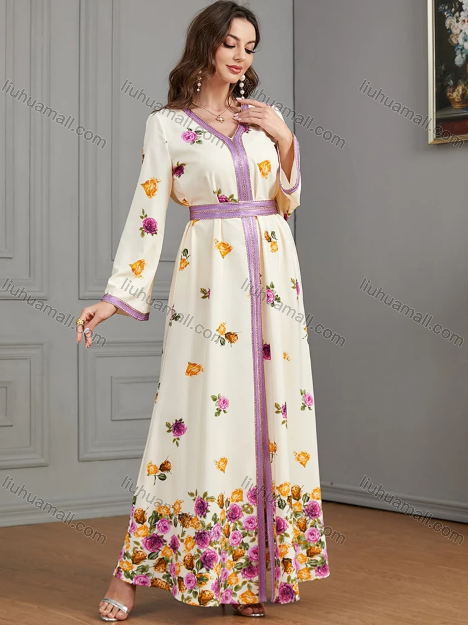 Wholesale Women's Muslim Islamic V Neck Embroidery Embroidery Abaya Maxi Dress 3444# - Liuhuamall