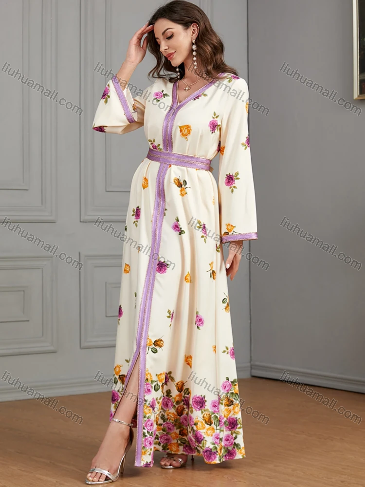 Wholesale Women's Muslim Islamic V Neck Embroidery Embroidery Abaya Maxi Dress 3444# - Liuhuamall