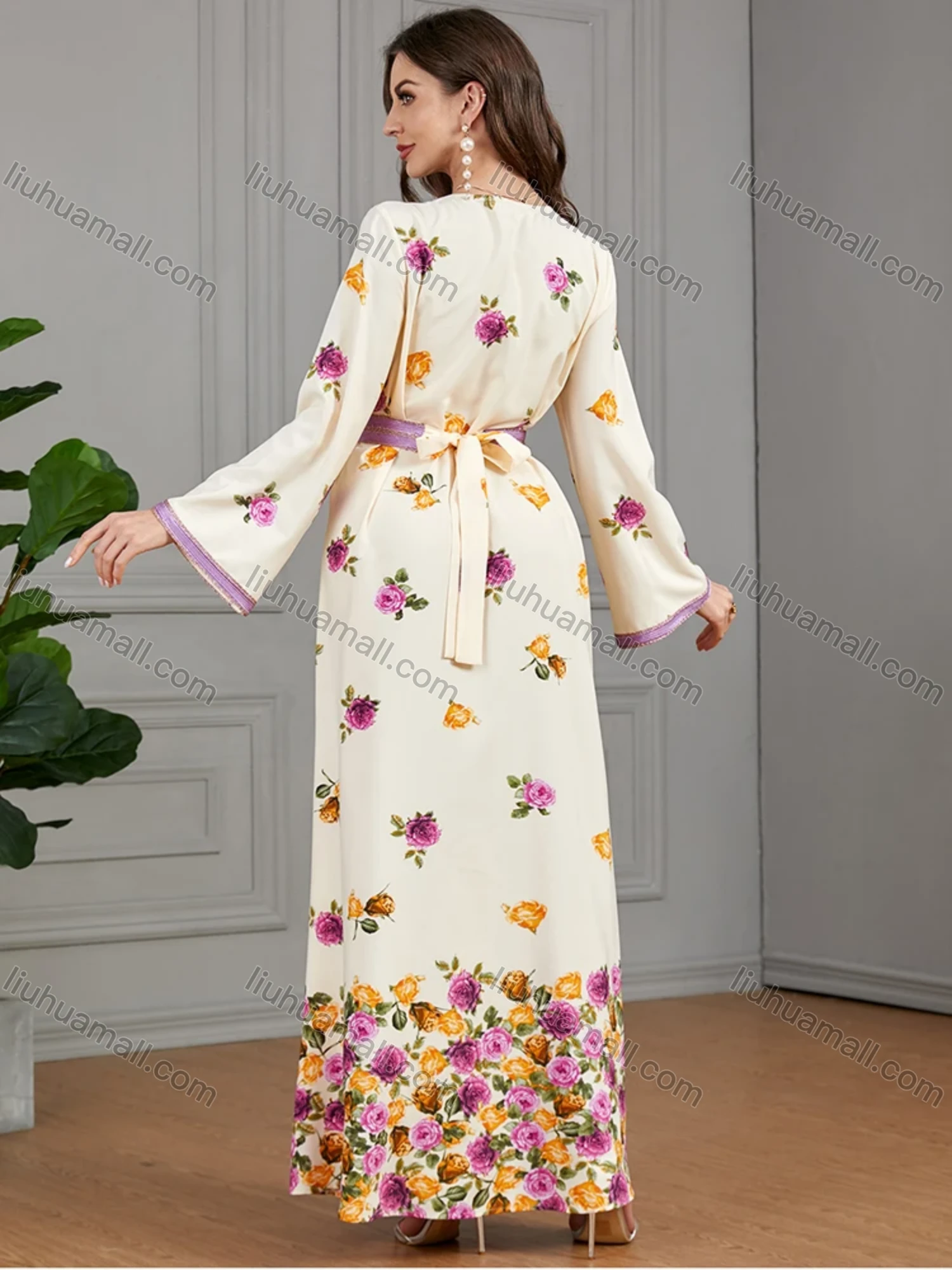 Wholesale Women's Muslim Islamic V Neck Embroidery Embroidery Abaya Maxi Dress 3444# - Liuhuamall