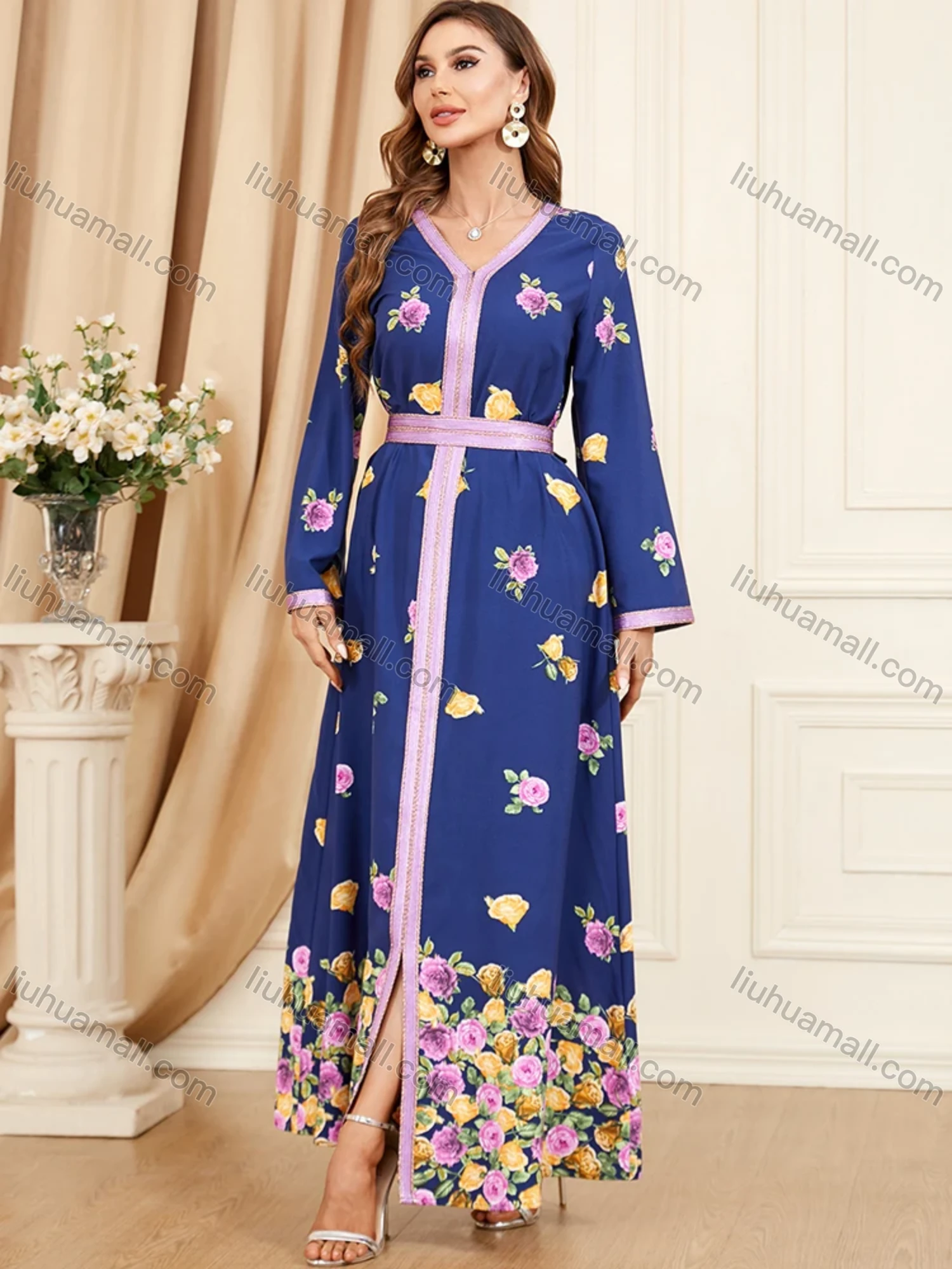 Wholesale Women's Muslim Islamic V Neck Embroidery Embroidery Abaya Maxi Dress 3444# - Liuhuamall