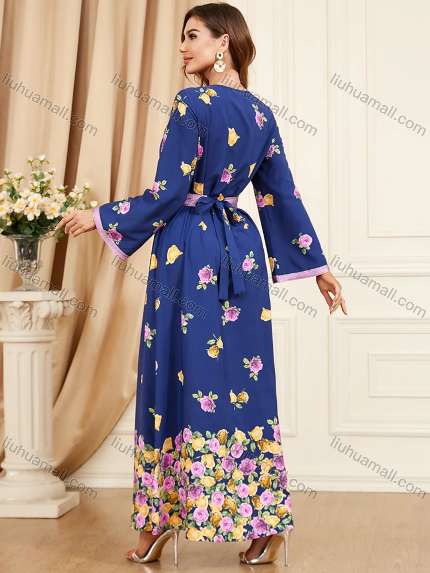 Wholesale Women's Muslim Islamic V Neck Embroidery Embroidery Abaya Maxi Dress 3444# - Liuhuamall