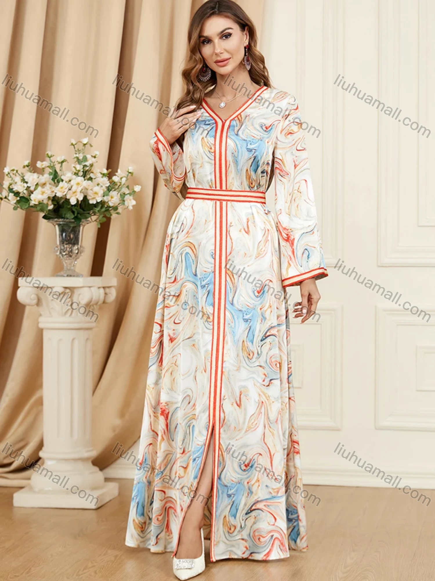 Wholesale Women's Arabic Dubai Muslim Islamic V Neck Splicing Embroidery Abaya Maxi Dress 3447# - Liuhuamall