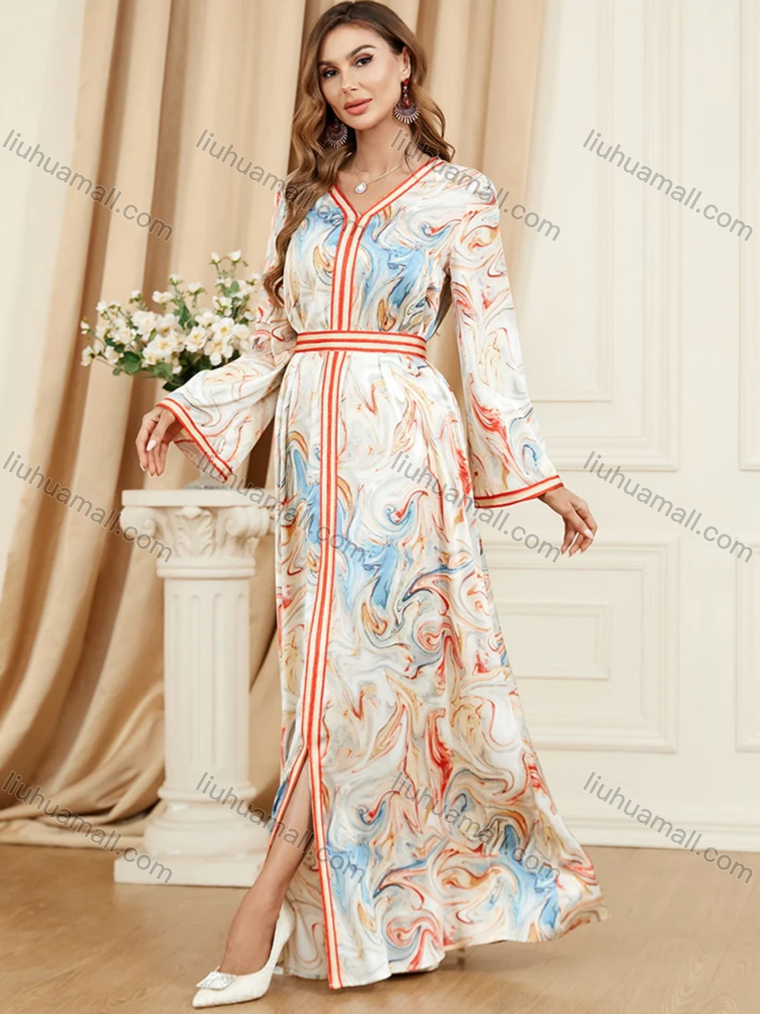 Wholesale Women's Arabic Dubai Muslim Islamic V Neck Splicing Embroidery Abaya Maxi Dress 3447# - Liuhuamall