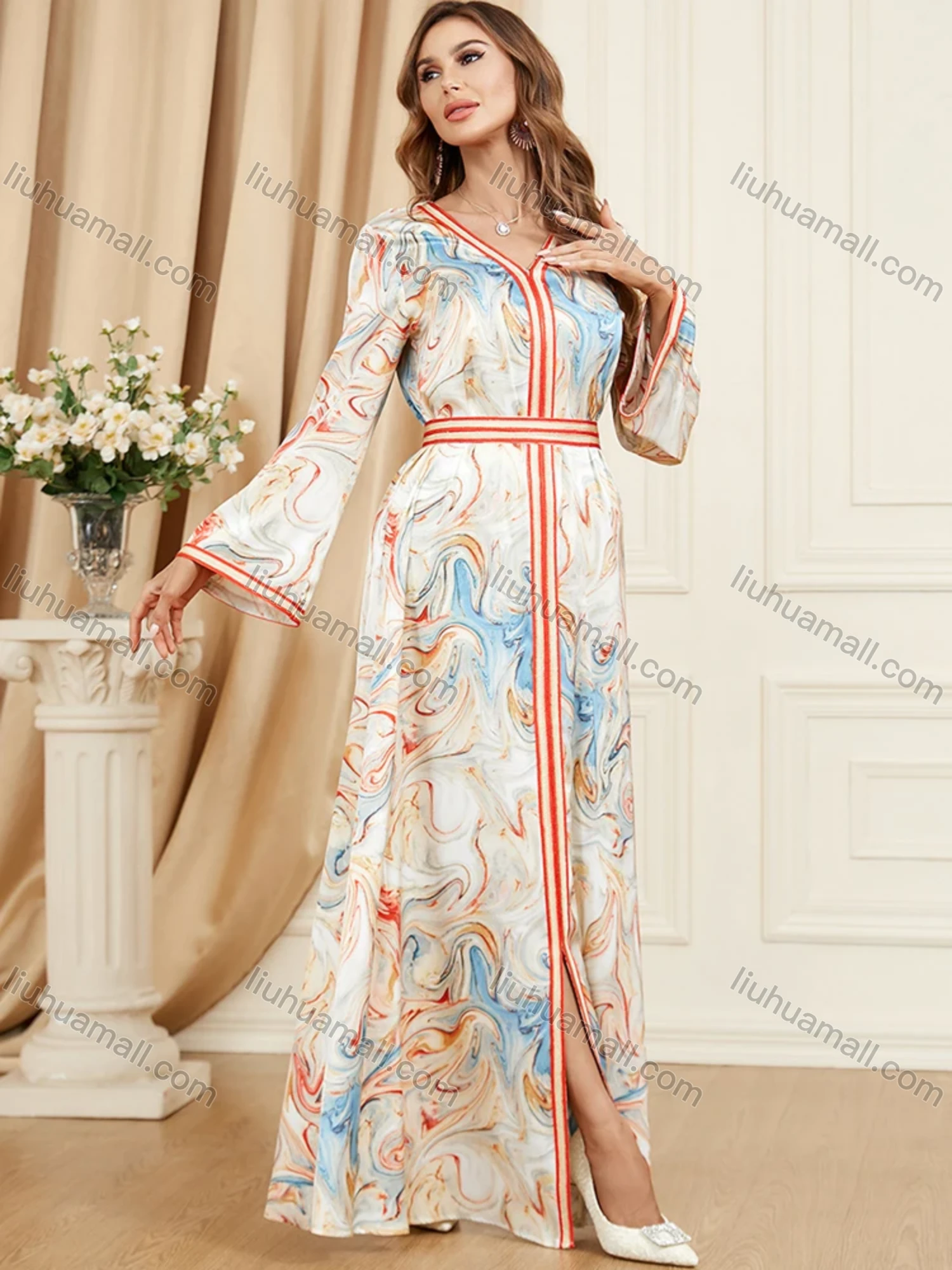 Wholesale Women's Arabic Dubai Muslim Islamic V Neck Splicing Embroidery Abaya Maxi Dress 3447# - Liuhuamall