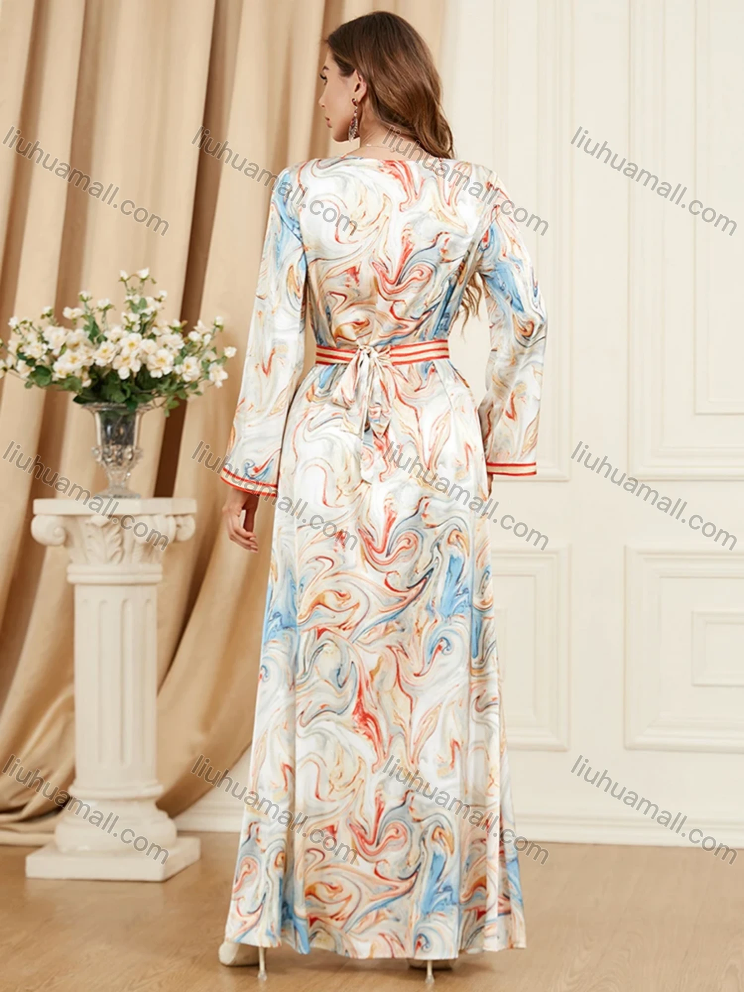 Wholesale Women's Arabic Dubai Muslim Islamic V Neck Splicing Embroidery Abaya Maxi Dress 3447# - Liuhuamall