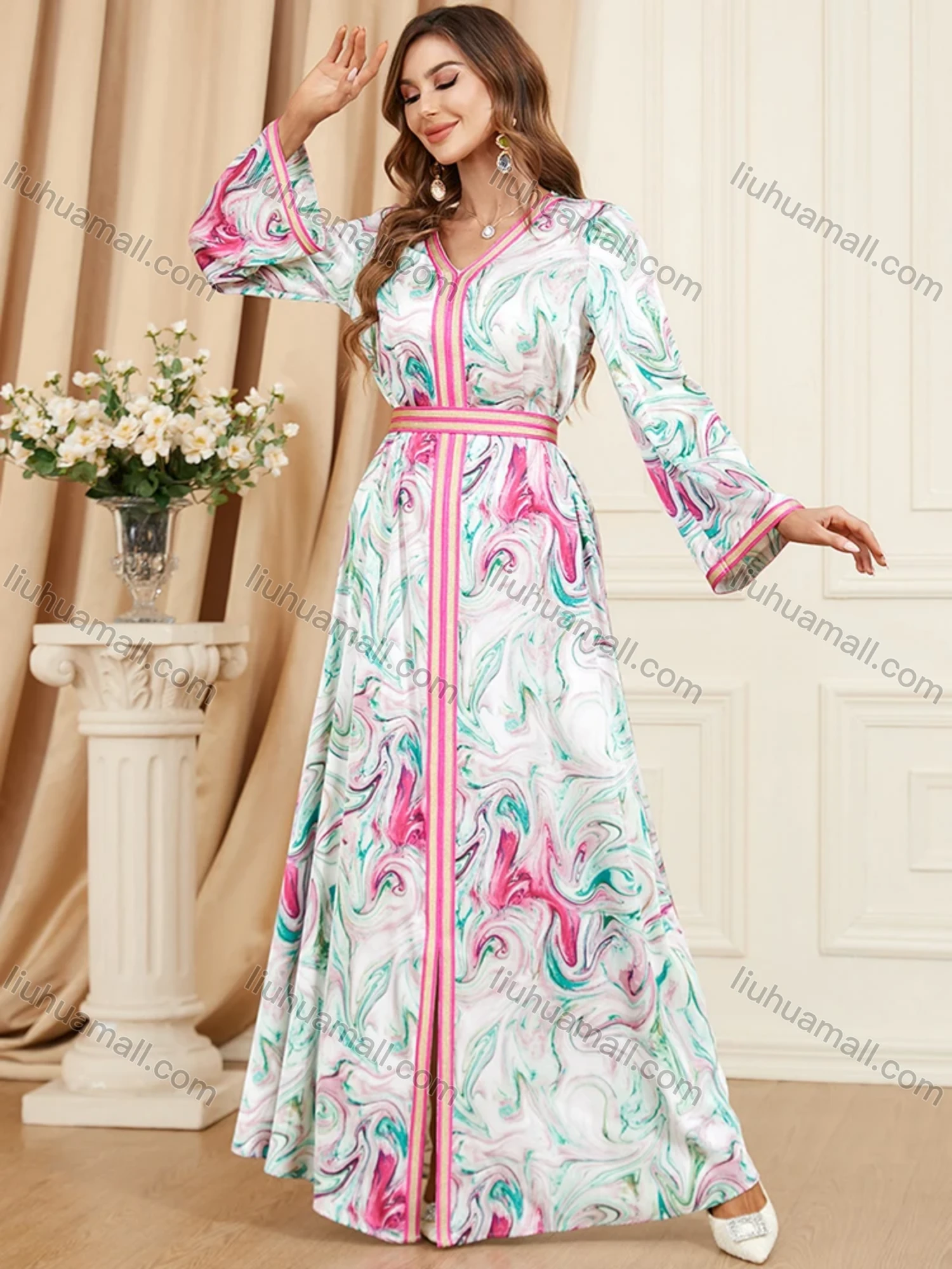 Wholesale Women's Arabic Dubai Muslim Islamic V Neck Splicing Embroidery Abaya Maxi Dress 3447# - Liuhuamall