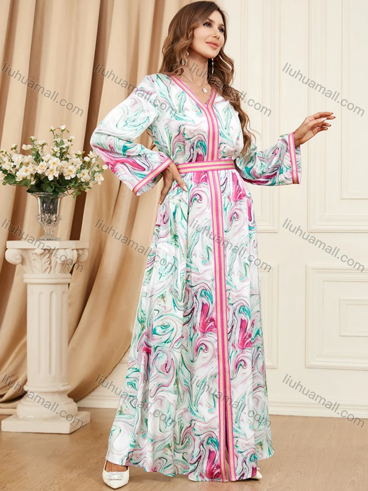 Wholesale Women's Arabic Dubai Muslim Islamic V Neck Splicing Embroidery Abaya Maxi Dress 3447# - Liuhuamall