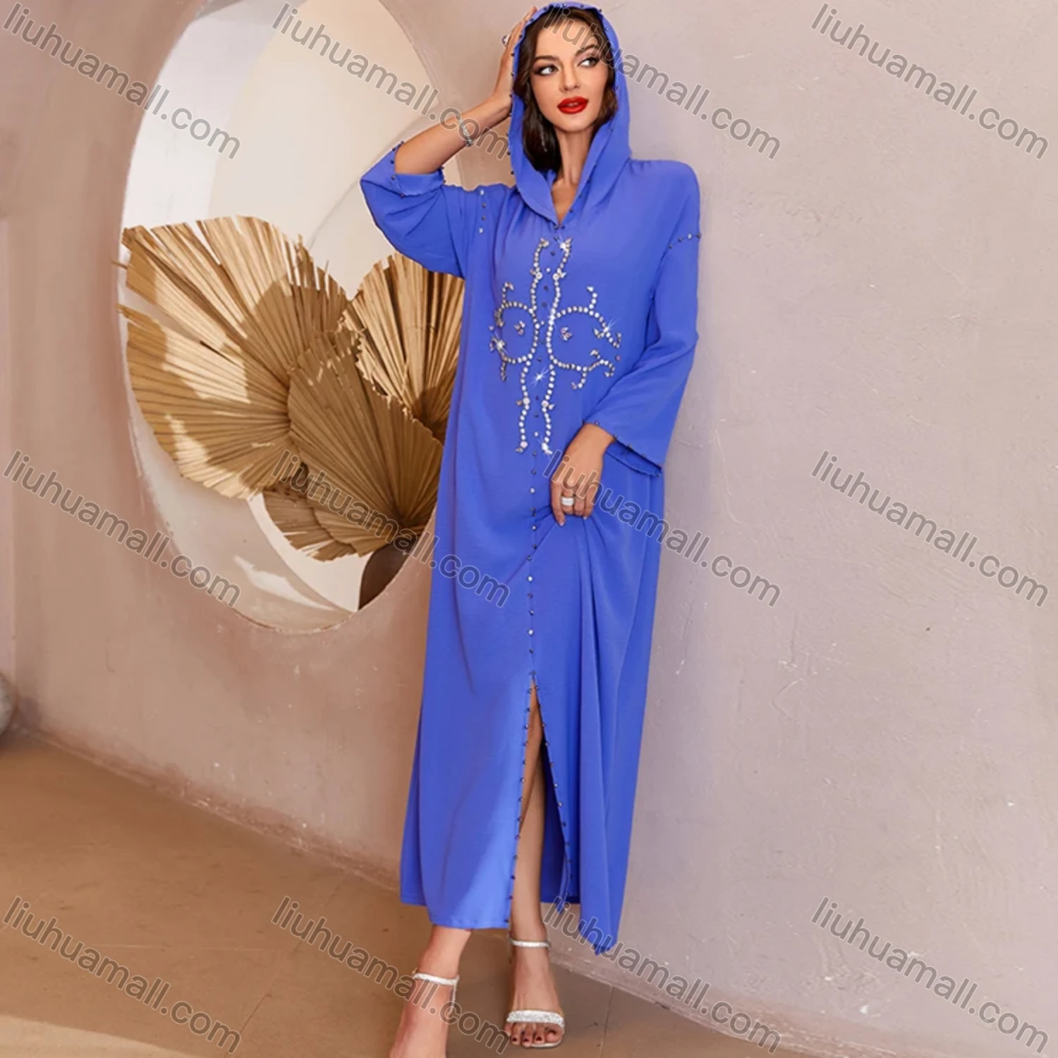 Wholesale Women's Arabic Dubai Muslim Islamic Hooded Plain Split Front Rhinestone Maxi Robe Abaya Dress A129# - Liuhuamall
