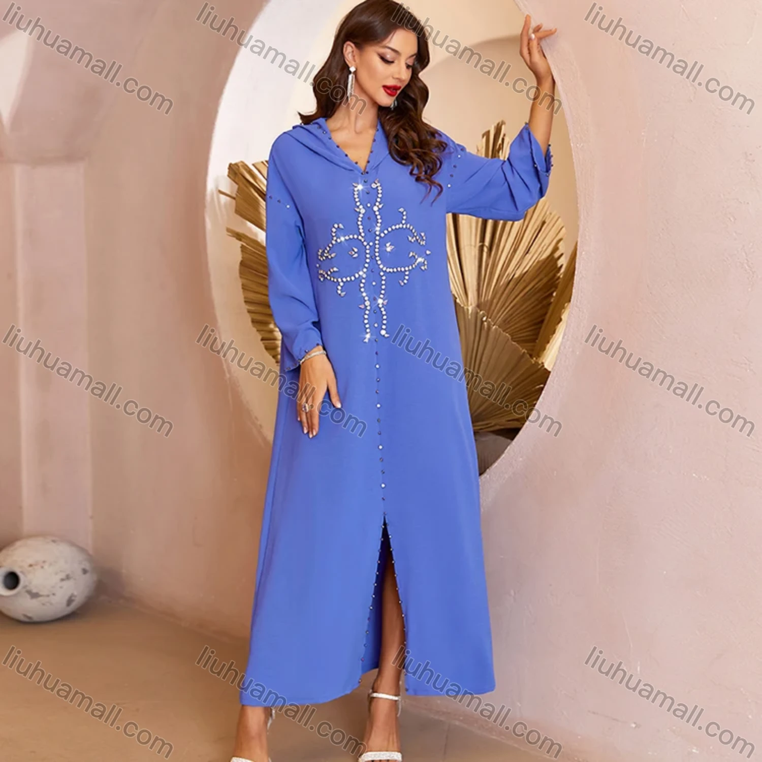 Wholesale Women's Arabic Dubai Muslim Islamic Hooded Plain Split Front Rhinestone Maxi Robe Abaya Dress A129# - Liuhuamall