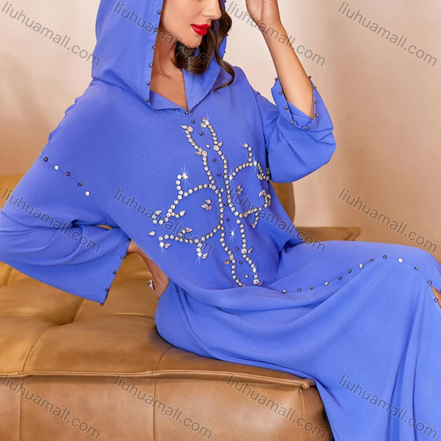 Wholesale Women's Arabic Dubai Muslim Islamic Hooded Plain Split Front Rhinestone Maxi Robe Abaya Dress A129# - Liuhuamall
