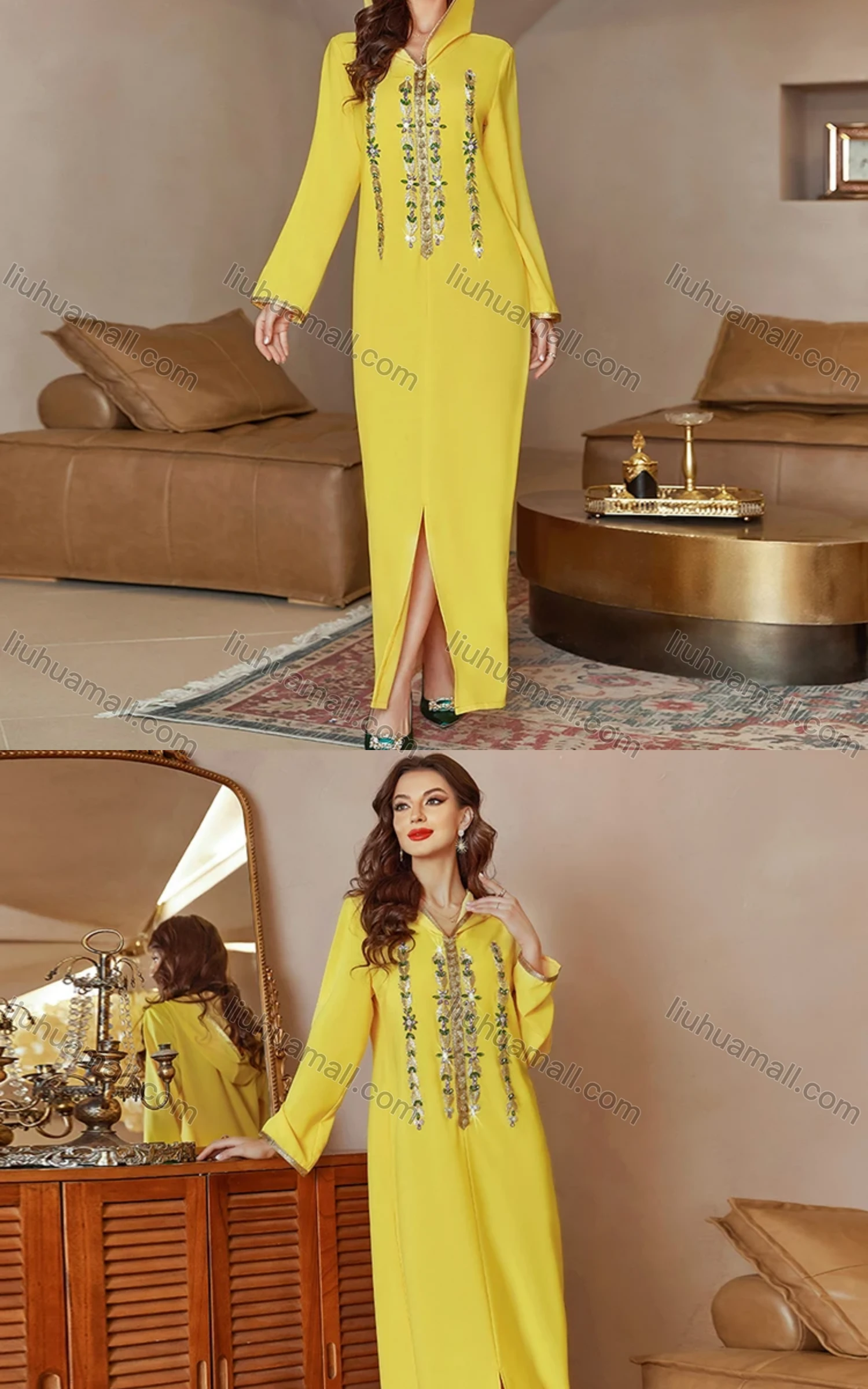 Wholesale Women's Arabic Dubai Muslim Islamic Hooded Split Front Rhinestone Maxi Robe Abaya Dress A804# - Liuhuamall