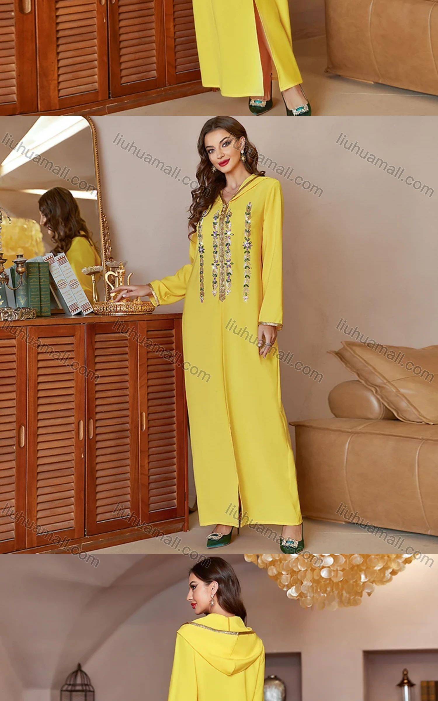 Wholesale Women's Arabic Dubai Muslim Islamic Hooded Split Front Rhinestone Maxi Robe Abaya Dress A804# - Liuhuamall