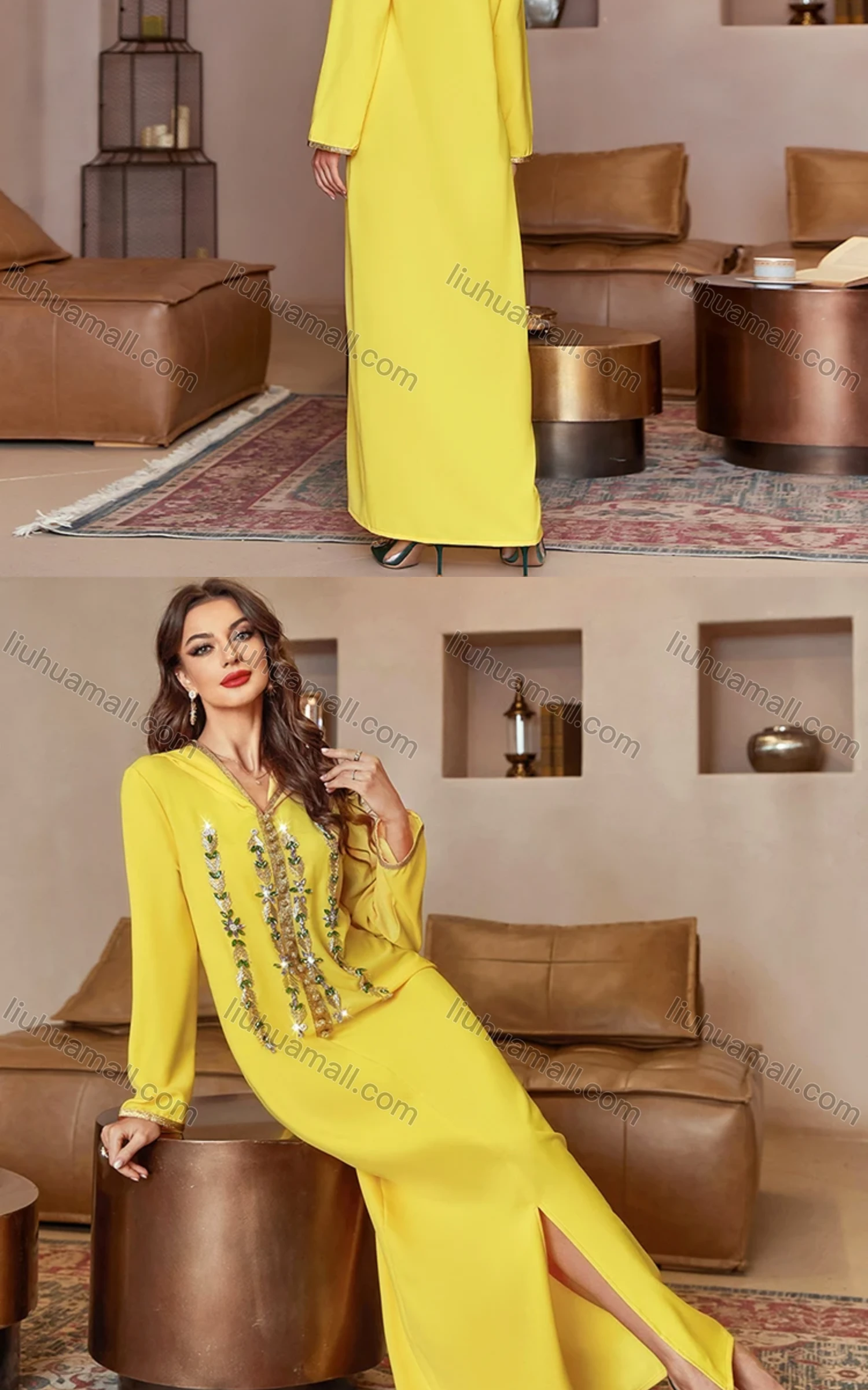 Wholesale Women's Arabic Dubai Muslim Islamic Hooded Split Front Rhinestone Maxi Robe Abaya Dress A804# - Liuhuamall