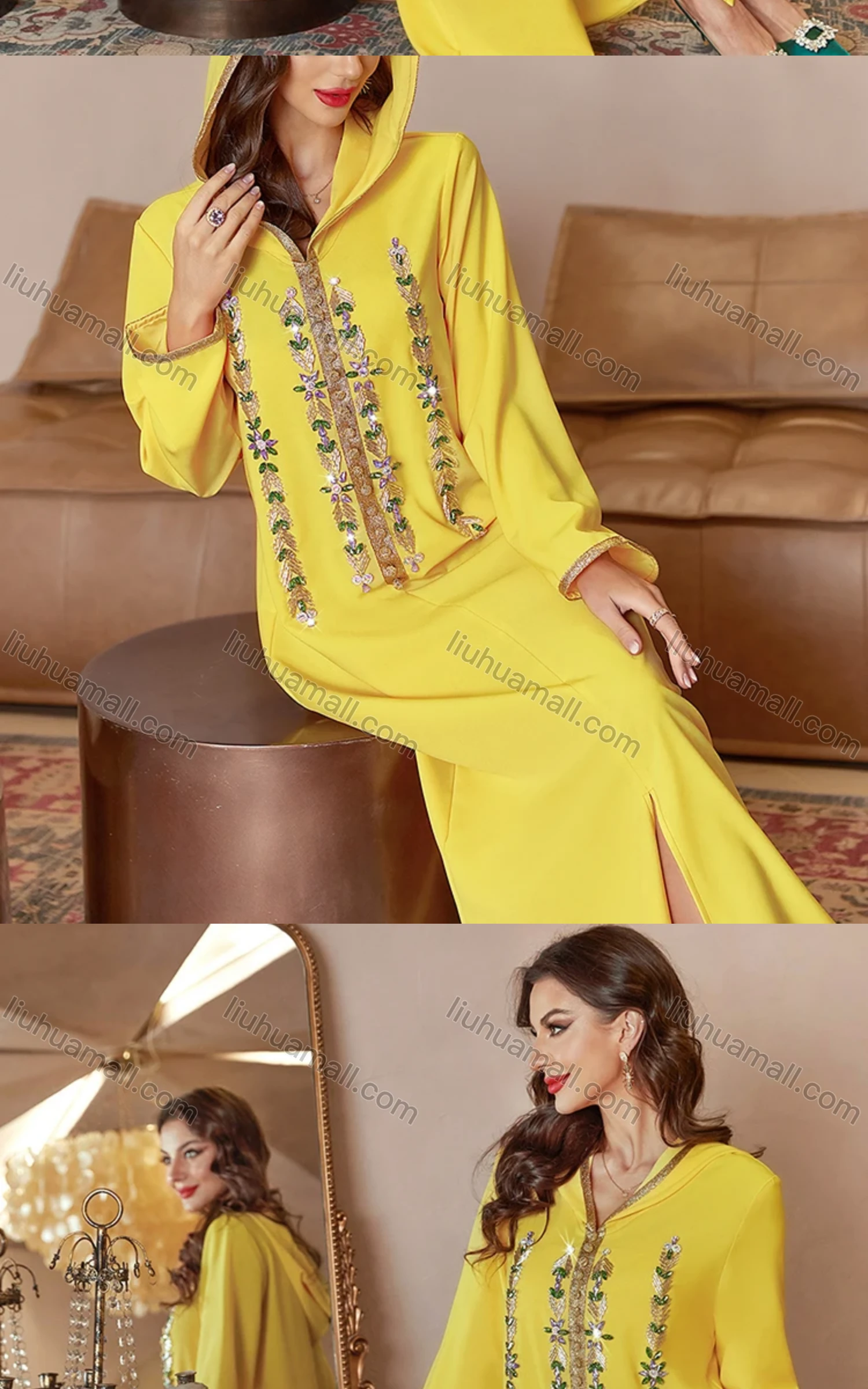 Wholesale Women's Arabic Dubai Muslim Islamic Hooded Split Front Rhinestone Maxi Robe Abaya Dress A804# - Liuhuamall