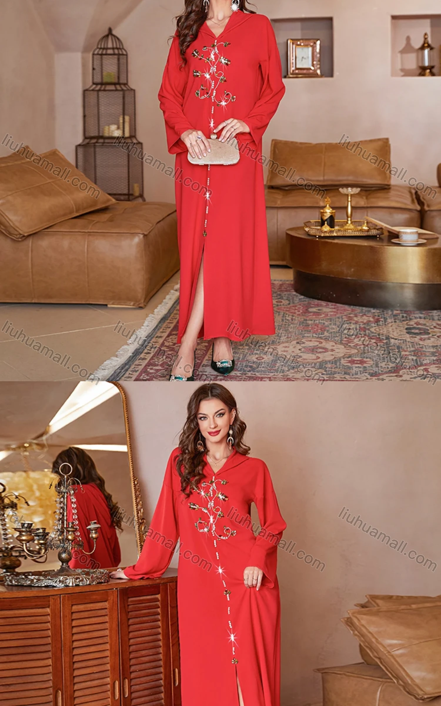 Wholesale Women's Muslim Islamic Hooded Plain Split Front Rhinestone Maxi Robe Abaya Dress A809# - Liuhuamall