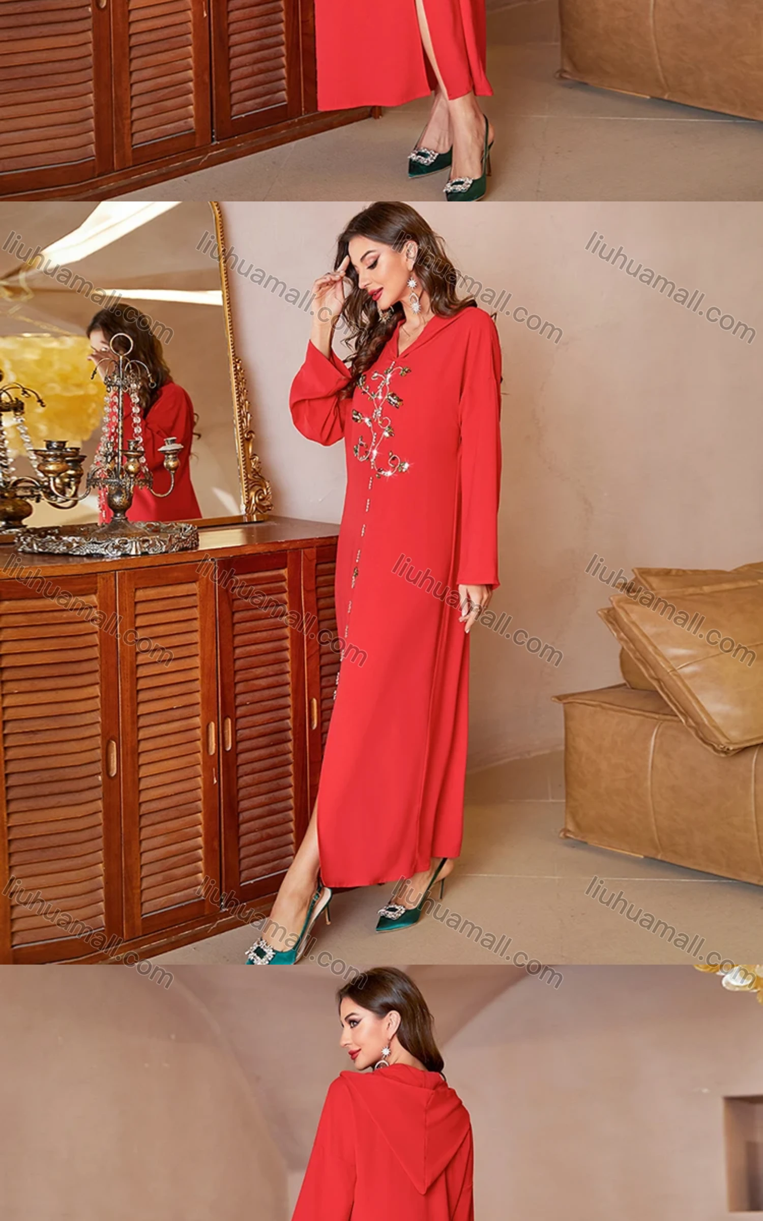 Wholesale Women's Muslim Islamic Hooded Plain Split Front Rhinestone Maxi Robe Abaya Dress A809# - Liuhuamall