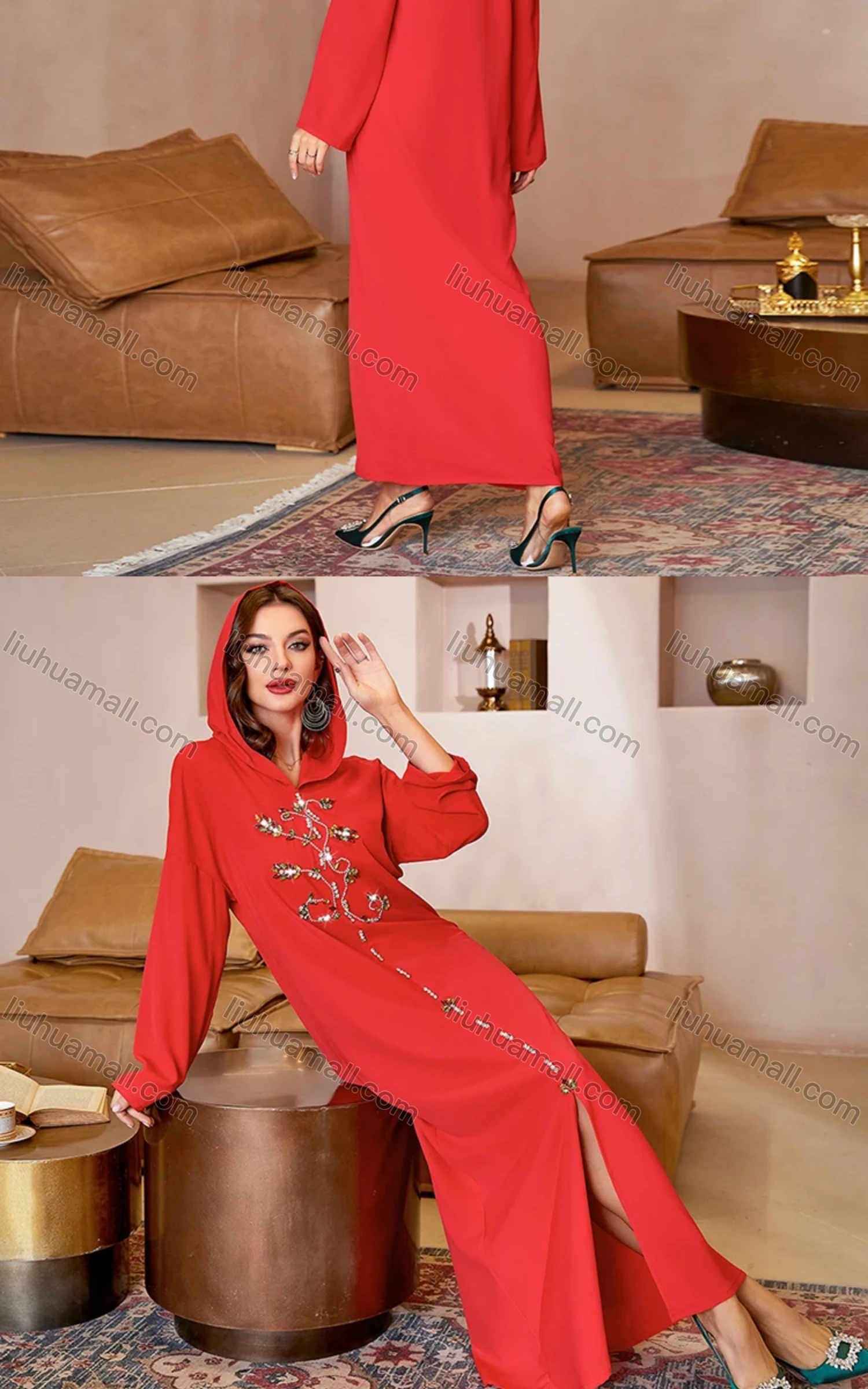 Wholesale Women's Muslim Islamic Hooded Plain Split Front Rhinestone Maxi Robe Abaya Dress A809# - Liuhuamall